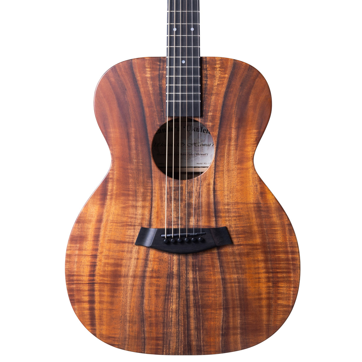 Example photo: an earlier Kanile'a KG-1 Core, serial G0006, body front with Deluxe Grade koa