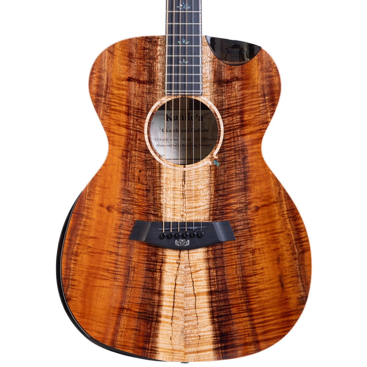 Example photo: an earlier Kanile'a KG-4 Pro, serial G0068, body front with Master Grade koa, ebony cutaway and armrest