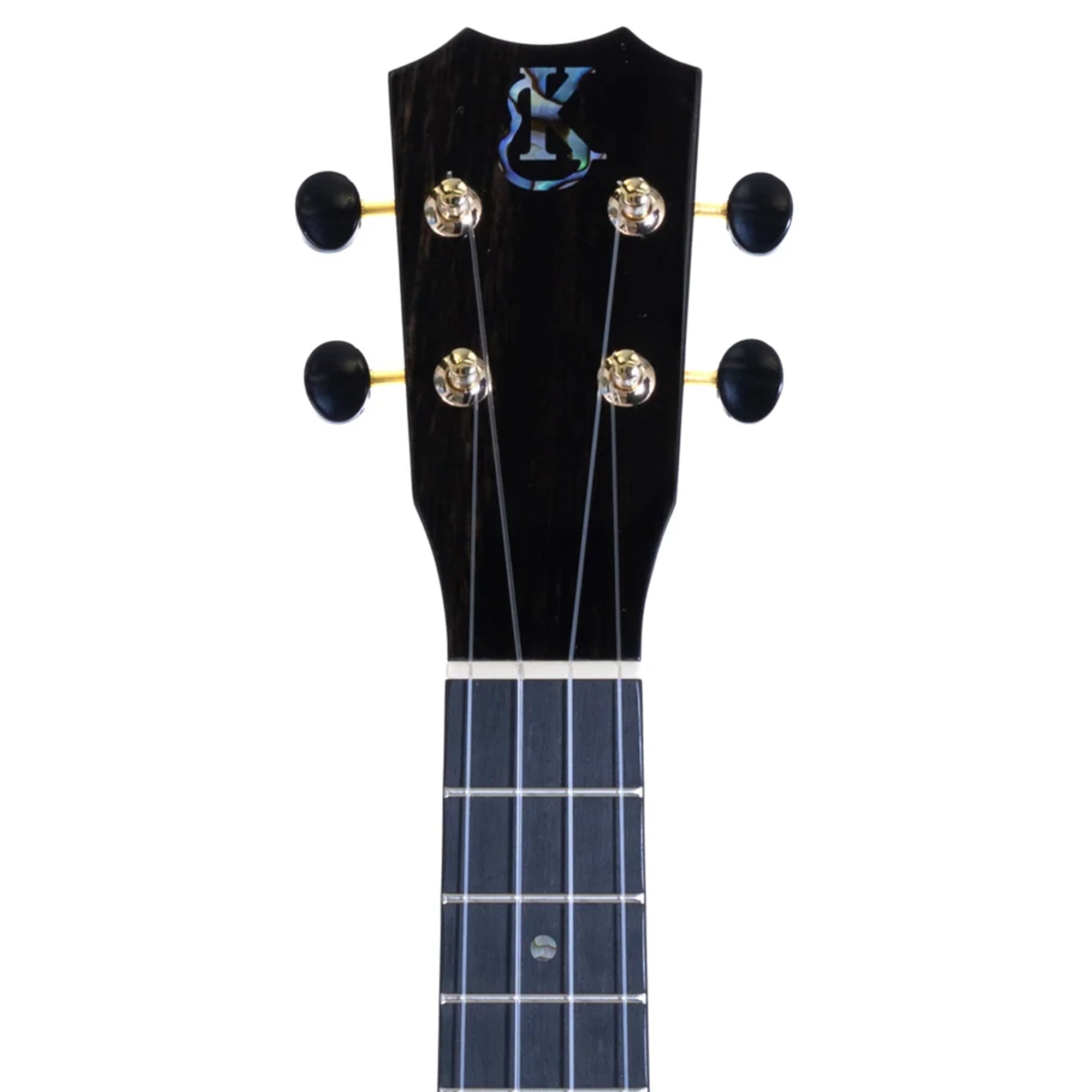 Close-up of a ukulele's headstock with tuning pegs on a white background