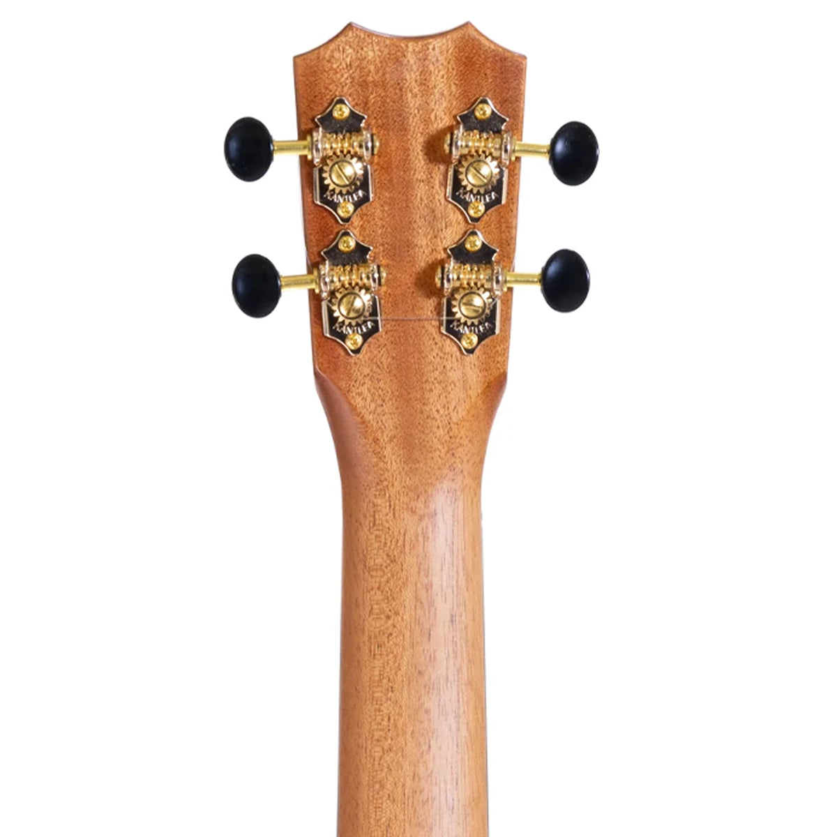 Close-up of the headstock of a ukulele, showing the natural wood grain, four black tuning pegs, and ornate gold-tone tuning machines on a plain white background.
