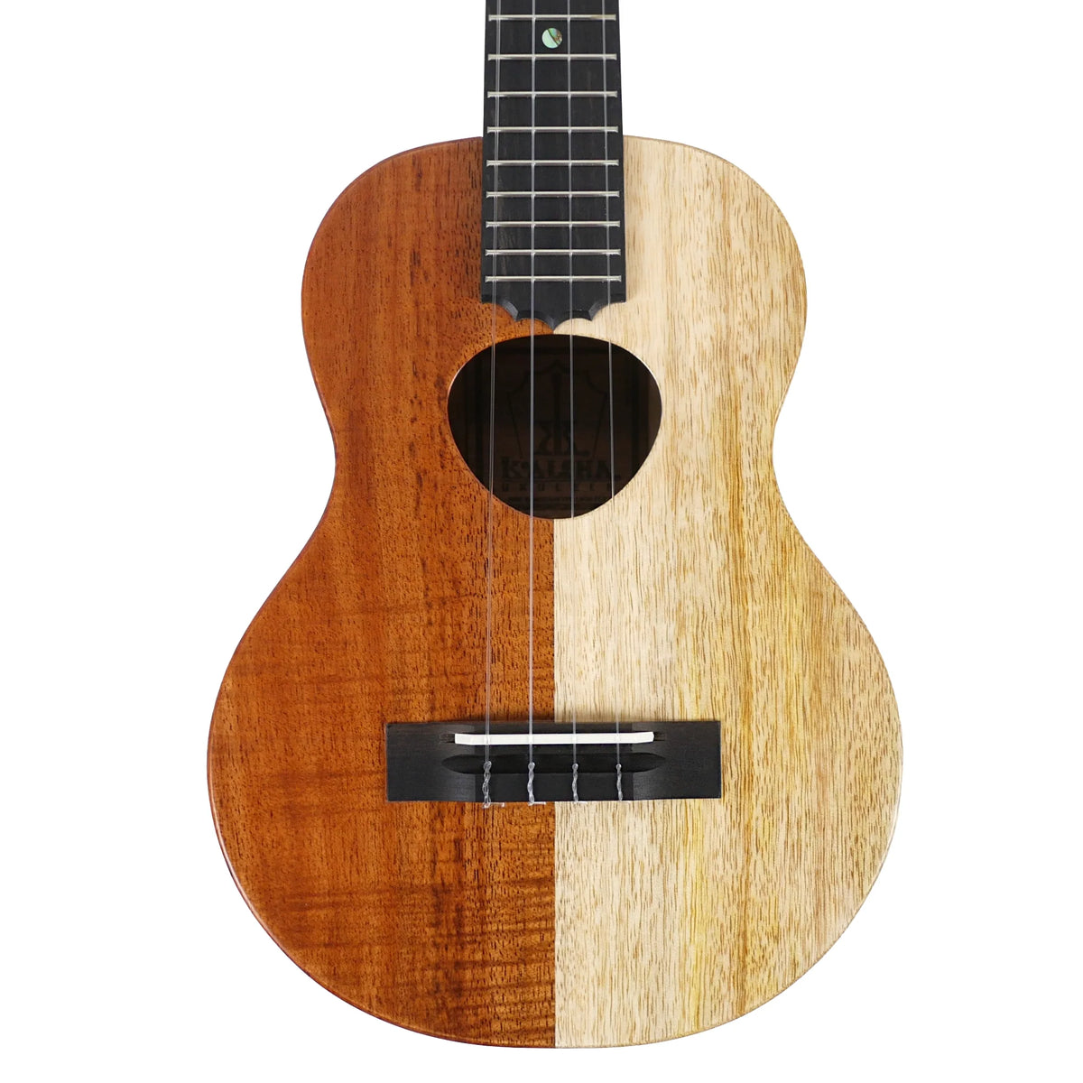 KoAloha KTNP-10 Naupaka tenor ukulele, close view of the soundhole and bridge on the top split between dark koa and pale mango