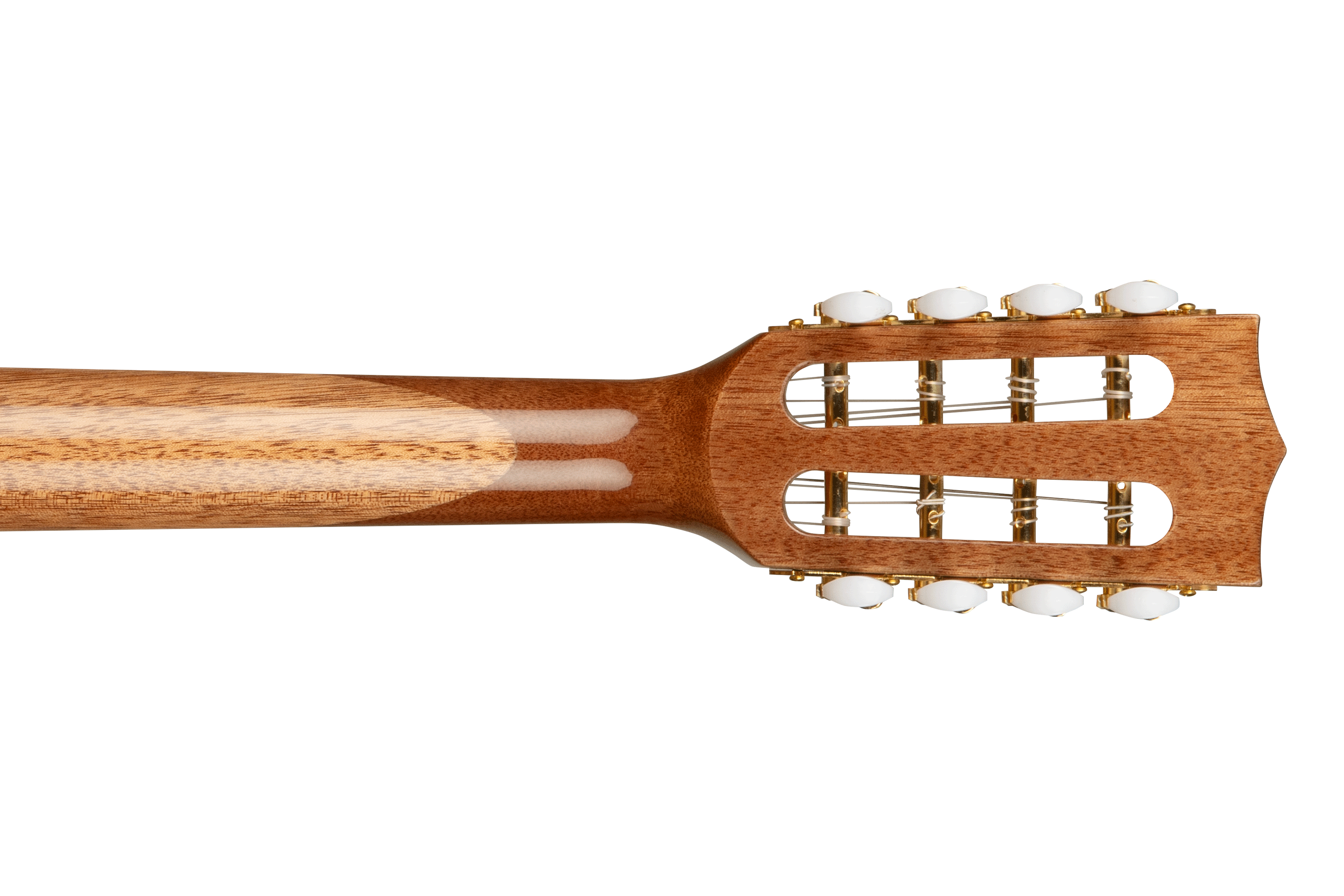 Close-up of a wooden guitar neck with frets on a white background