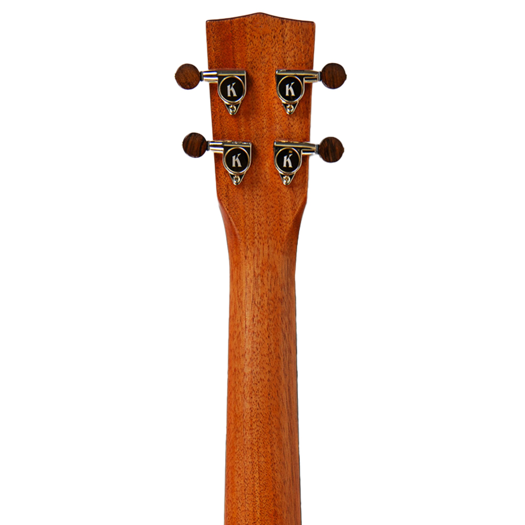 Close-up of the headstock of a wooden stringed instrument, showing the back side with four tuning pegs and metal tuners marked with a K logo, on a plain white background.