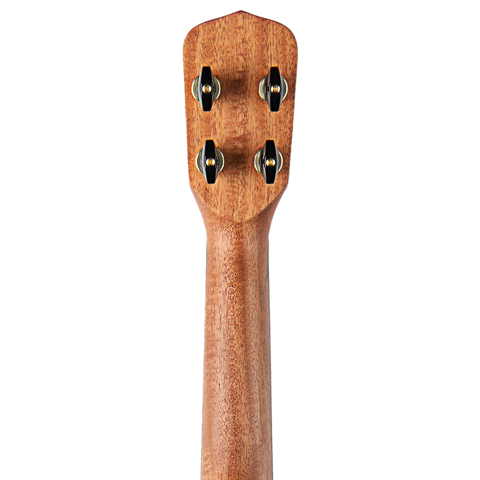 Close-up of the back of a wooden ukulele headstock showing four tuning pegs on a plain white background.