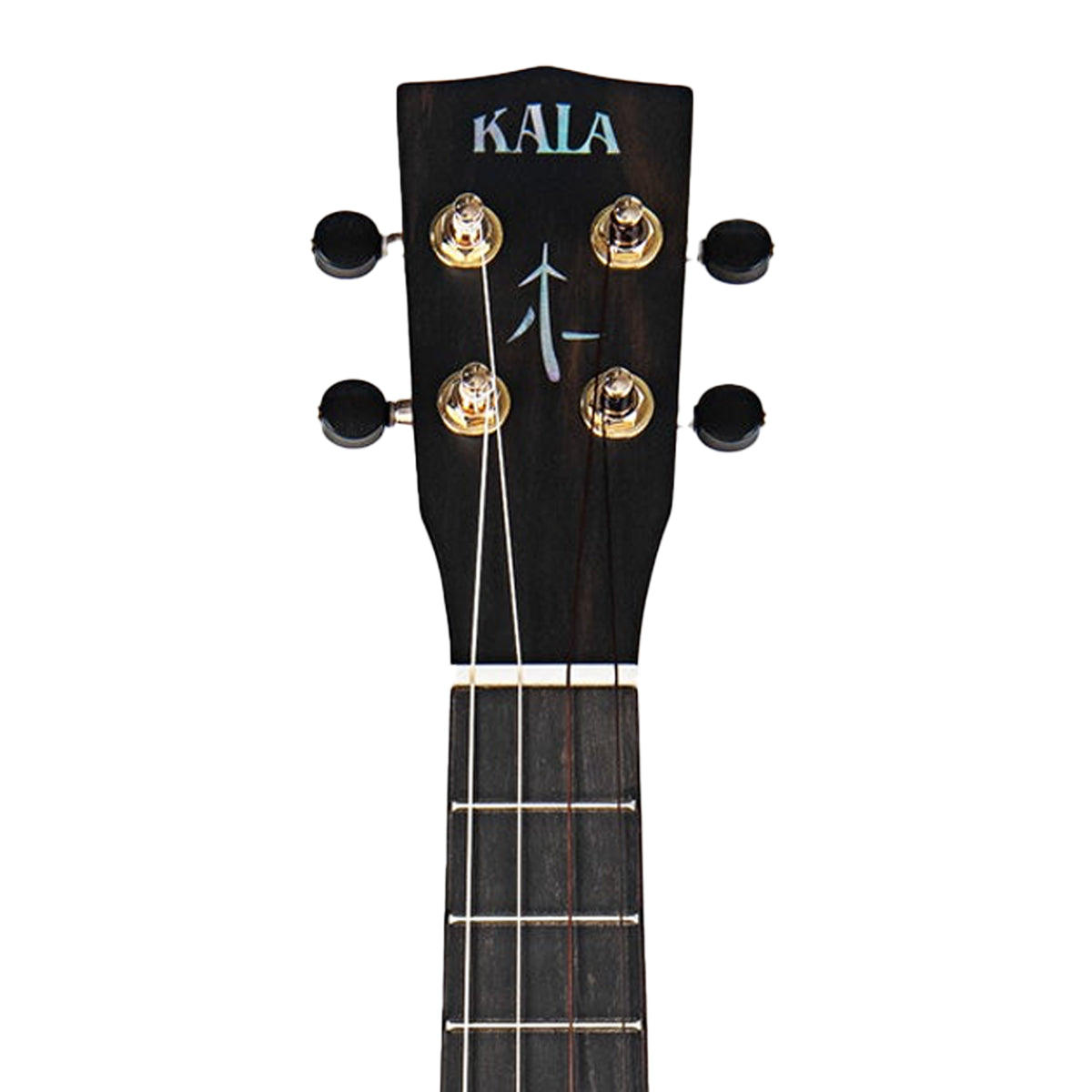 Close-up of the headstock of a Kala ukulele, showing the brand name 'KALA' in light blue letters on a dark wood headstock with four gold tuning pegs and four black tuning keys, set against a plain white background.