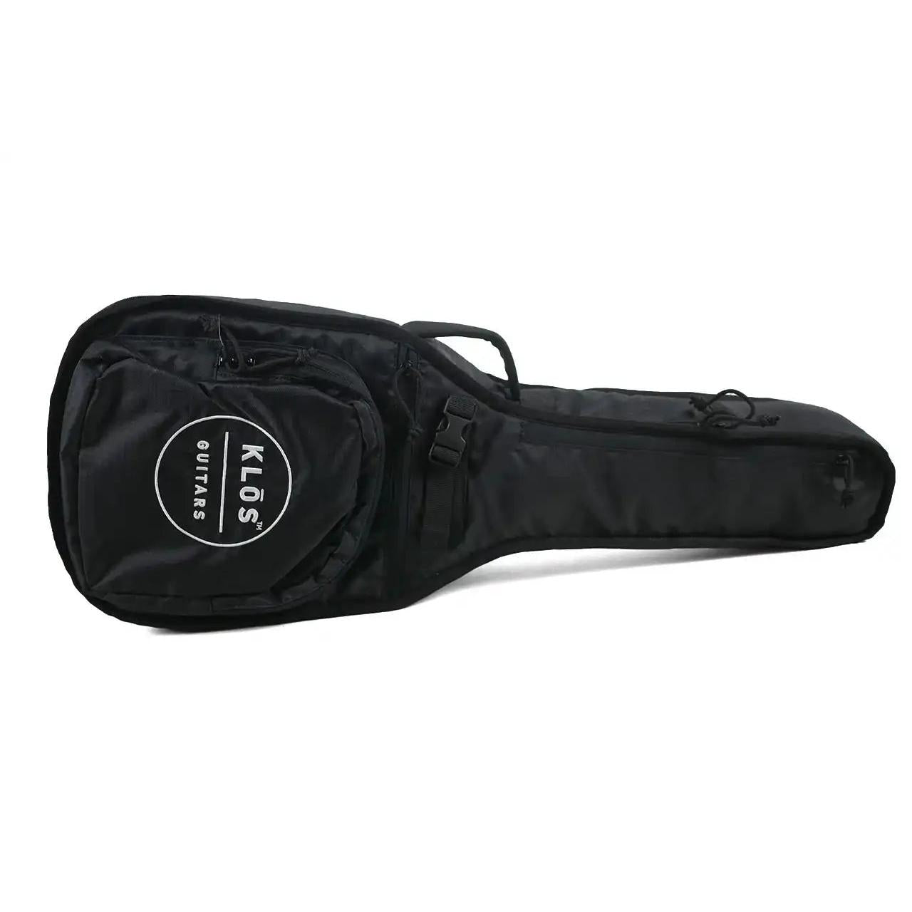Black Klōs Guitars branded padded gig bag for a tenor ukulele with front storage pocket.