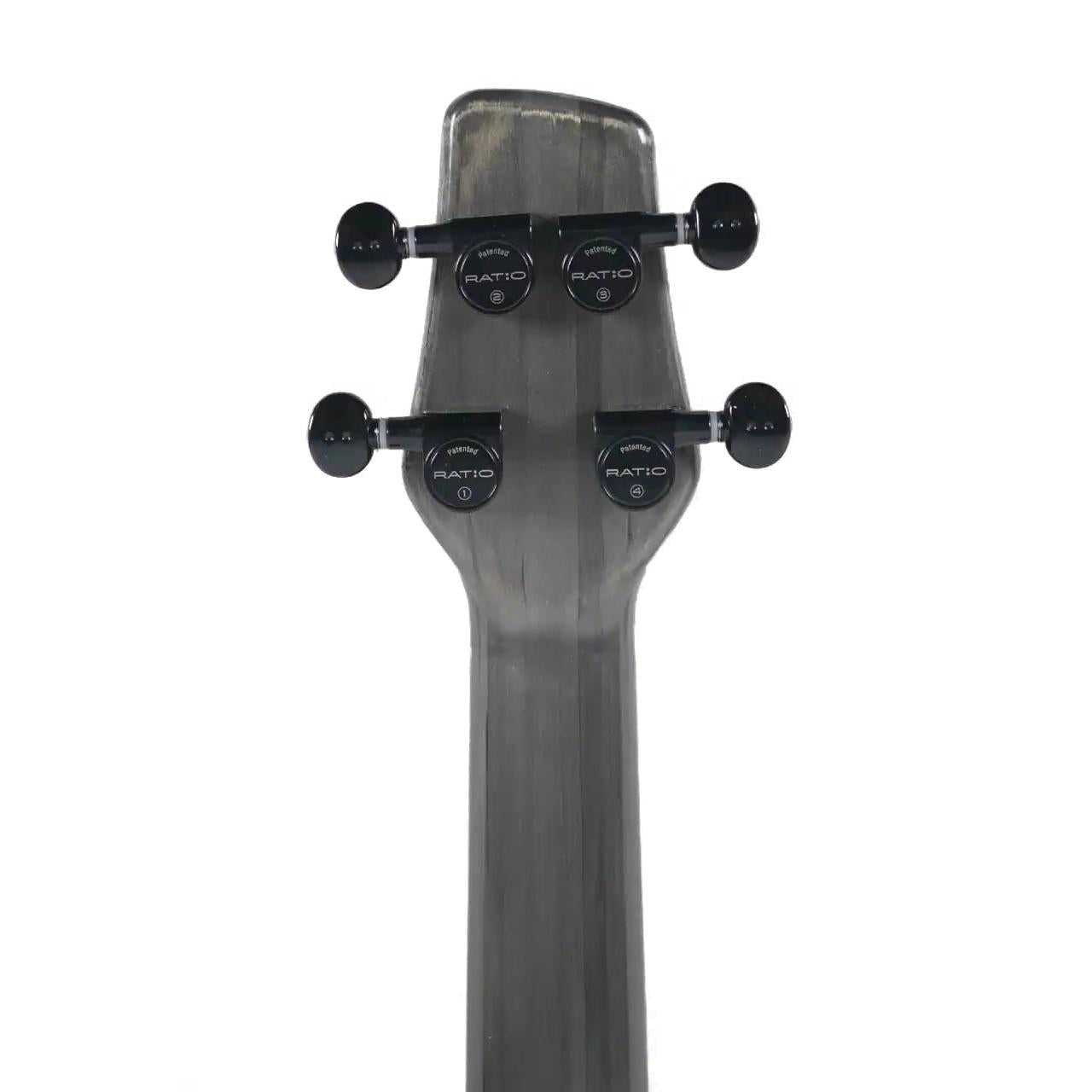 Back view of Klōs Carbon Timber tenor ukulele headstock with black Ratio tuners and carbon fiber neck.