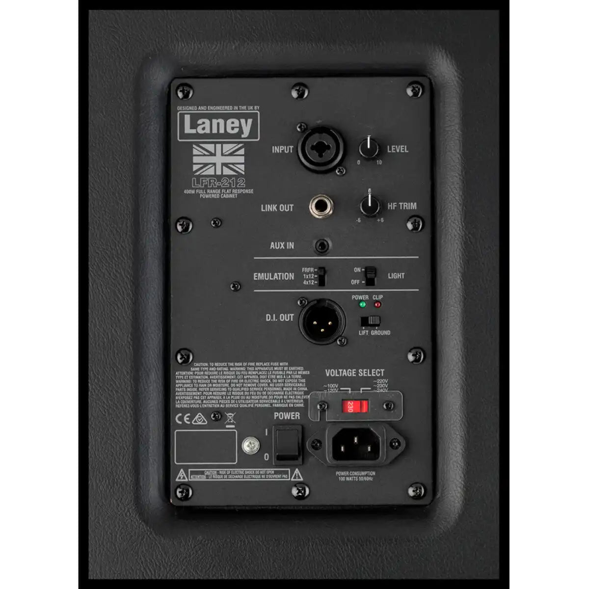 Close-up of the Laney LFR-212 rear panel with input, link out, aux in, emulation switch, DI out and power section