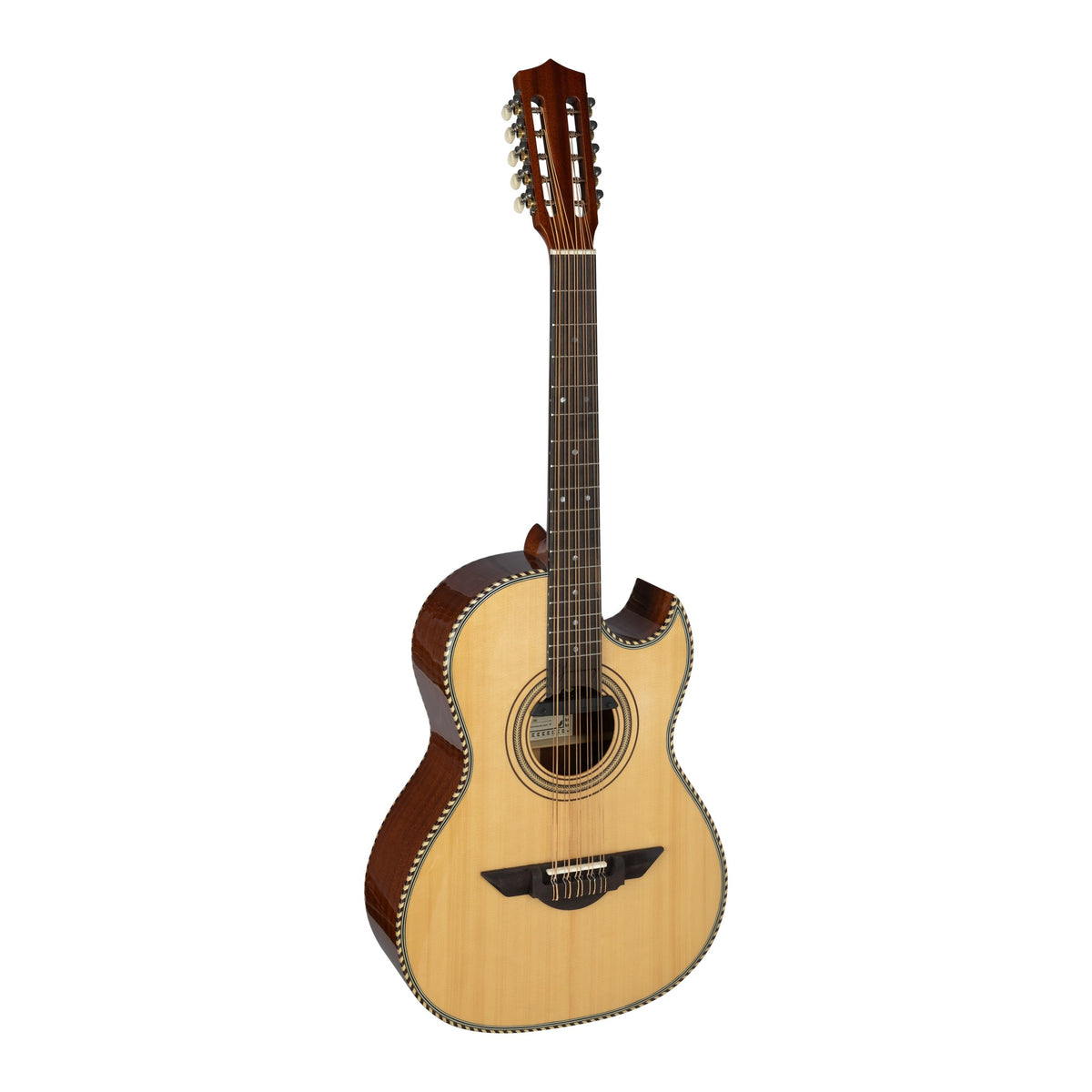 H. Jimenez LBQ1E El Estándar Cutaway Acoustic Electric Bajo Quinto, angled front view of the body