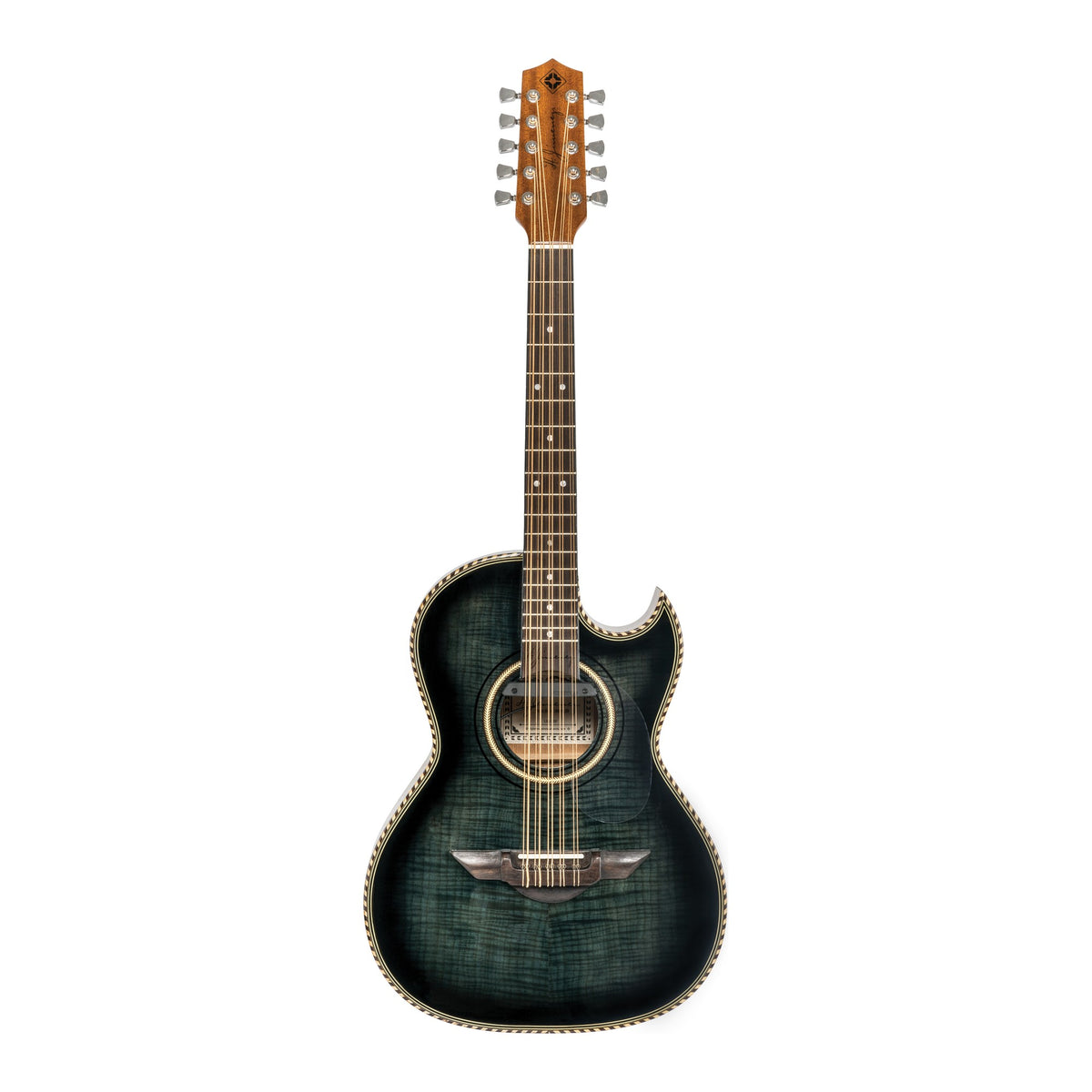H. Jimenez LBQ1EBF Palomazo Black Flame Top Cutaway Acoustic Electric Bajo Quinto, full front view from headstock to end