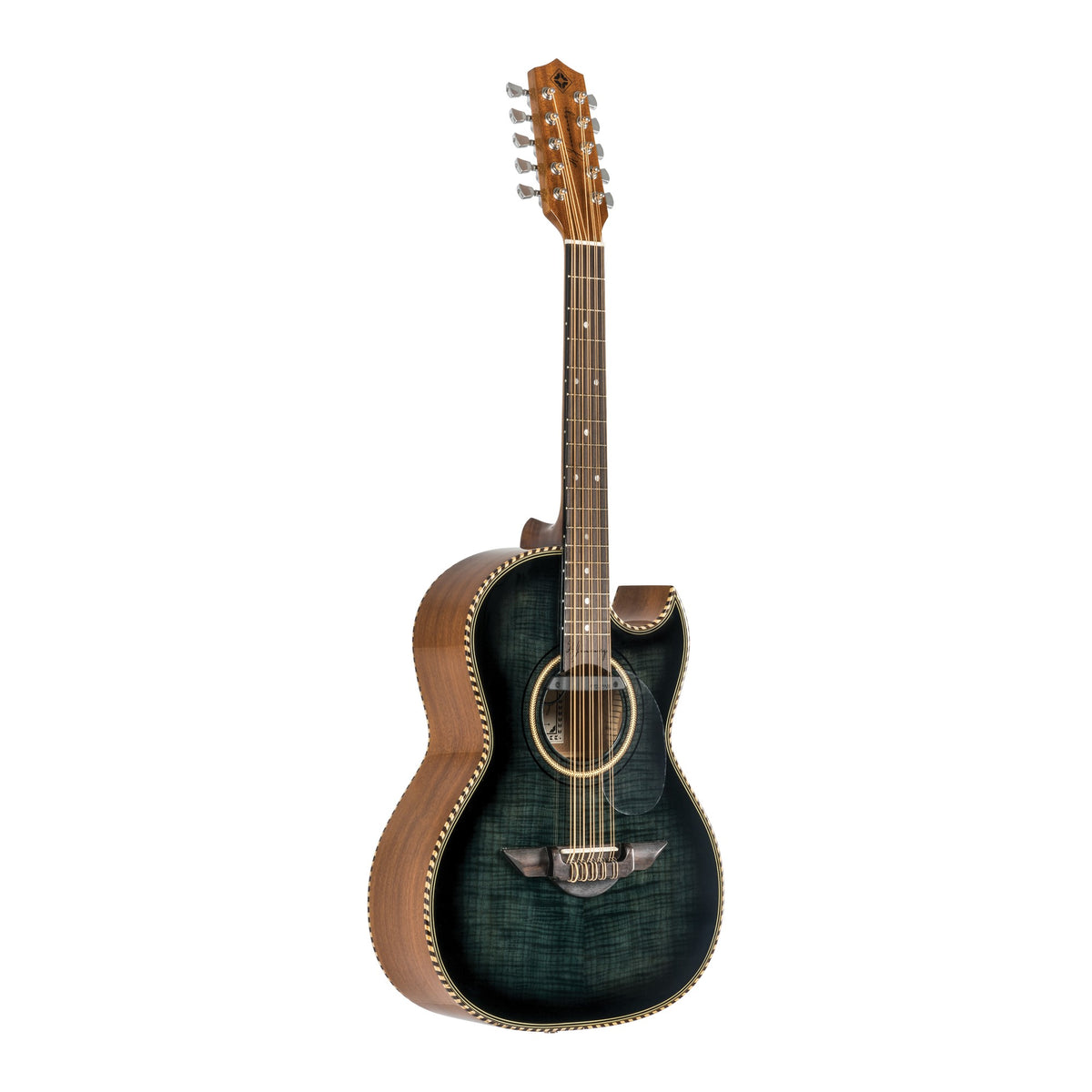 H. Jimenez LBQ1EBF Palomazo Black Flame Top Cutaway Acoustic Electric Bajo Quinto, angled front view of the body