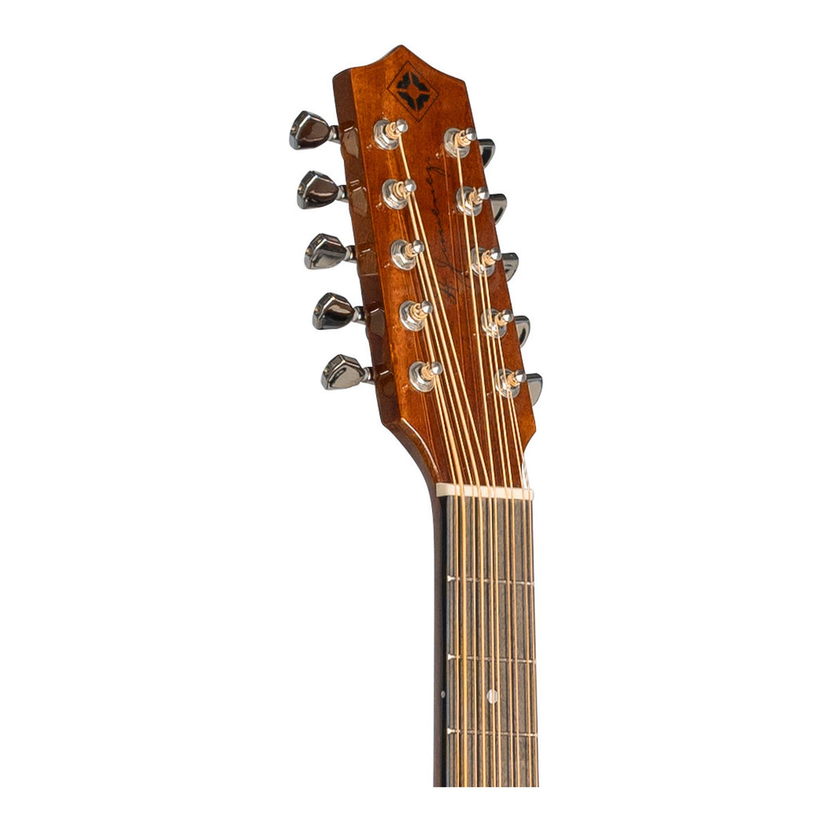 H. Jimenez LBQ1EGT Palomazo Gold Sparkle Top Cutaway Acoustic Electric Bajo Quinto, headstock front with tuners