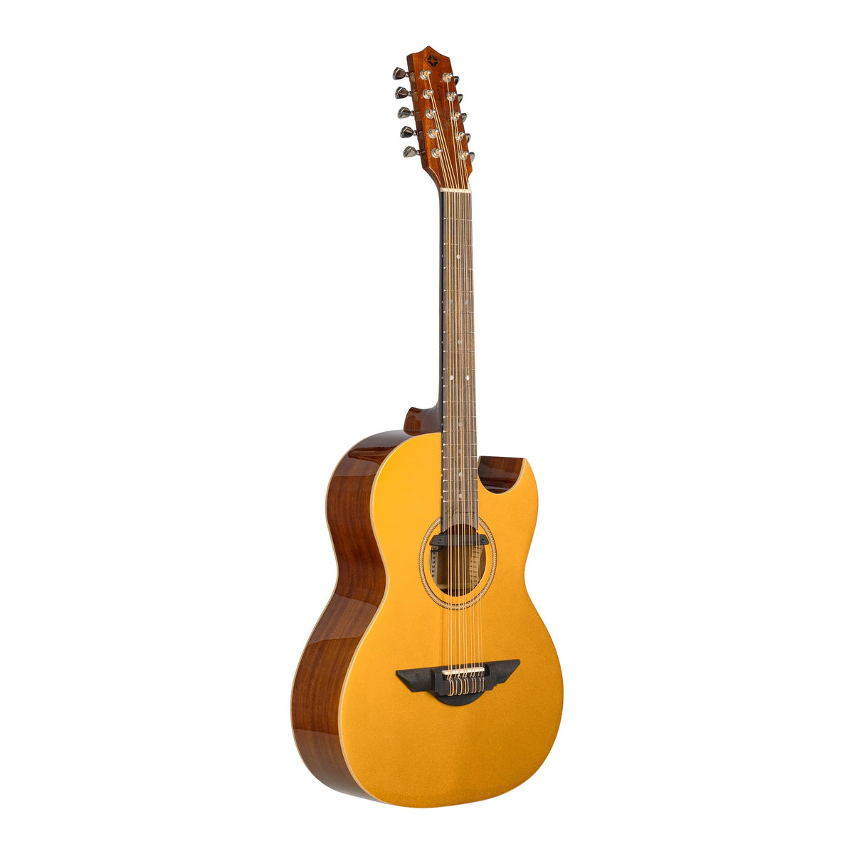 H. Jimenez LBQ1EGT Palomazo Gold Sparkle Top Cutaway Acoustic Electric Bajo Quinto, angled front view of the body
