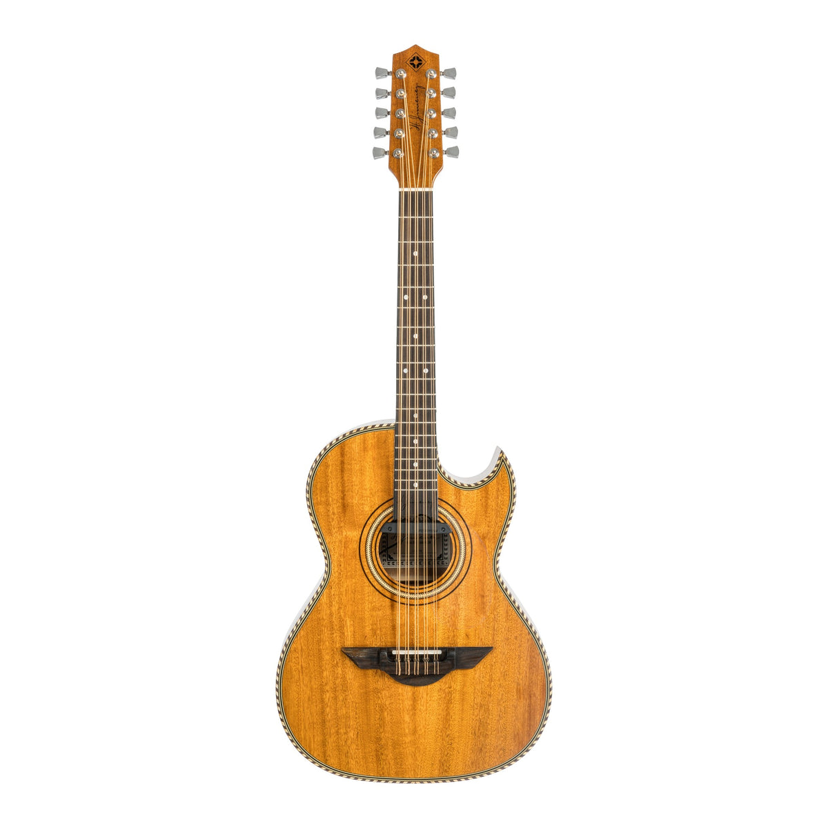 H. Jimenez LBQ1ENM Palomazo Natural Mahogany Cutaway Acoustic Electric Bajo Quinto, full front view from headstock to end