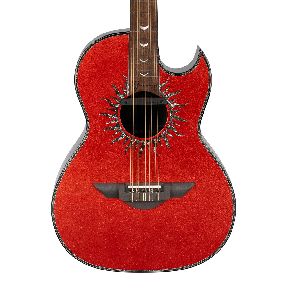 H. Jimenez LBQ1GXE-AN Antares Red Sparkle Cutaway Acoustic Electric Bajo Quinto, front of the body with the lower fretboard