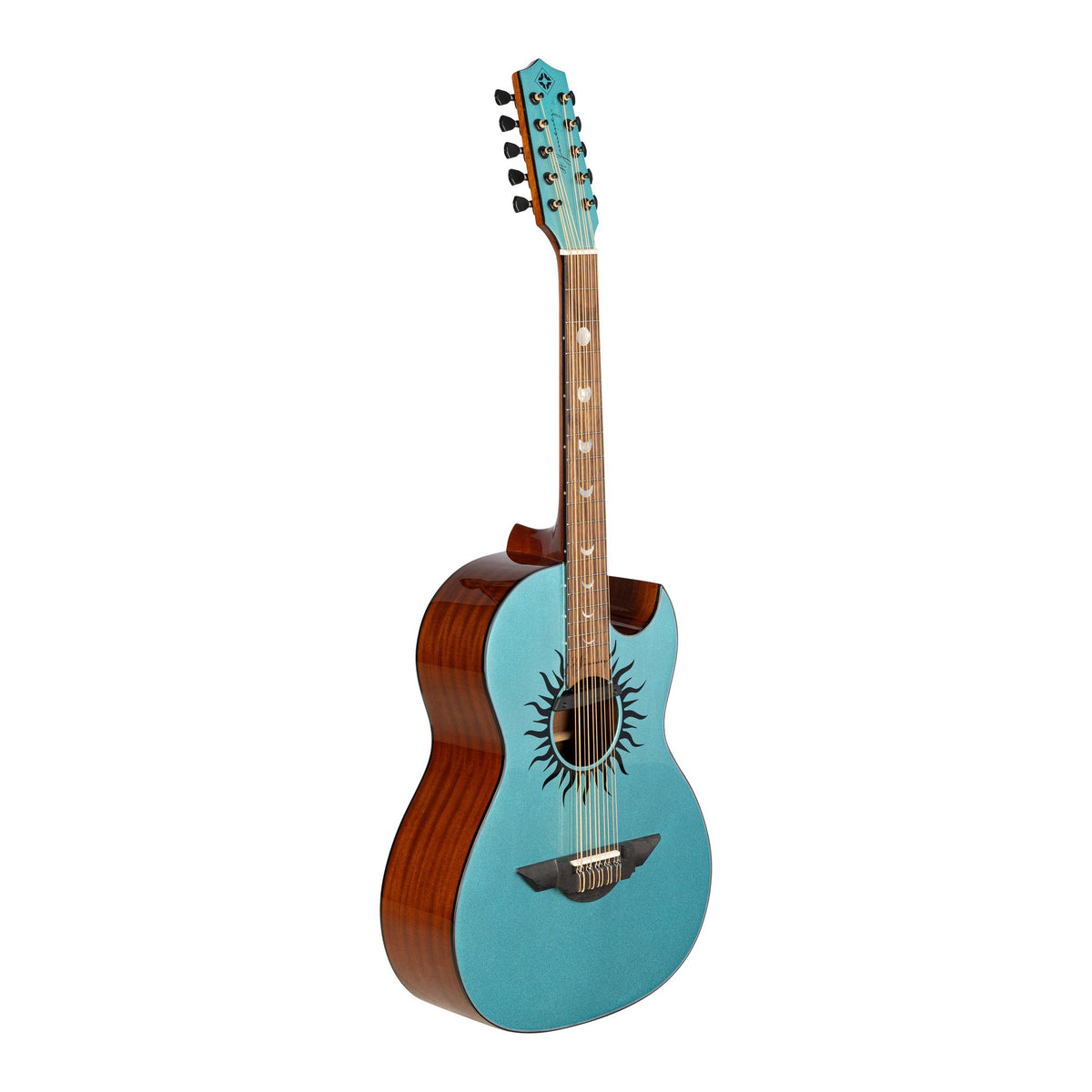H. Jimenez LBQ1GXE-CN Cosmic Nebula Turquoise Sparkle Cutaway Acoustic Electric Bajo Quinto, angled front view of the body