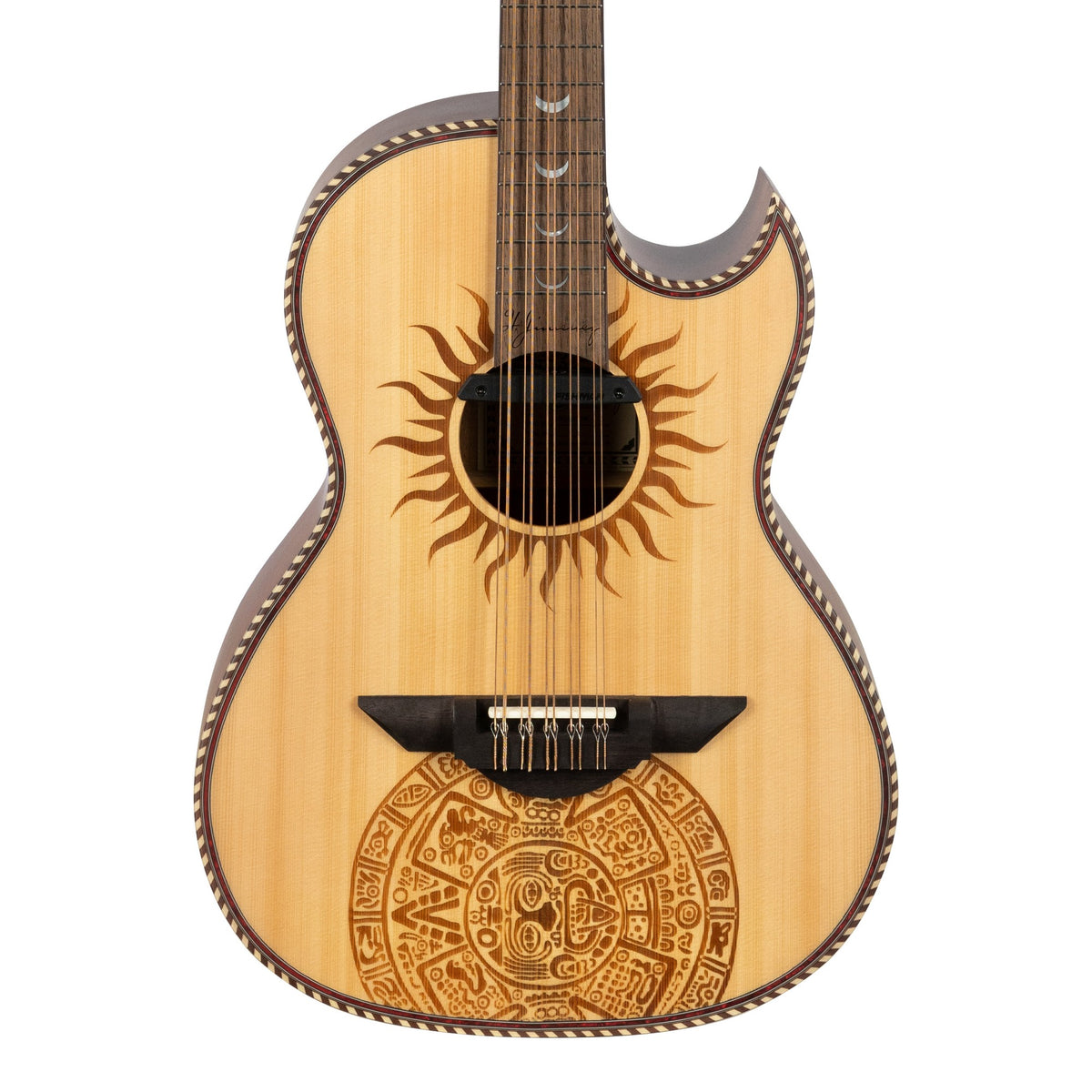 H. Jimenez LBQ1GXE-MC Mexica Calendar Satin Cutaway Acoustic Electric Bajo Quinto, front of the body with the lower fretboard