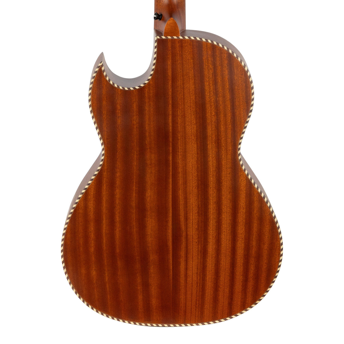 H. Jimenez LBQ1GXE-MC Mexica Calendar Satin Cutaway Acoustic Electric Bajo Quinto, back of the body showing the back and sides