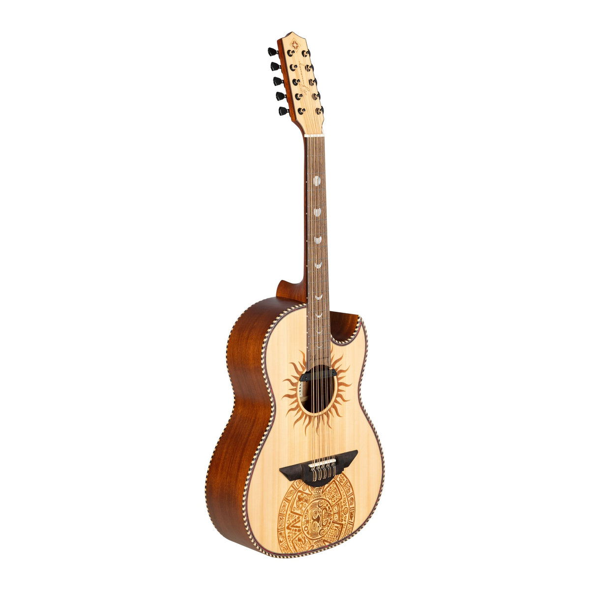 H. Jimenez LBQ1GXE-MC Mexica Calendar Satin Cutaway Acoustic Electric Bajo Quinto, angled front view of the body