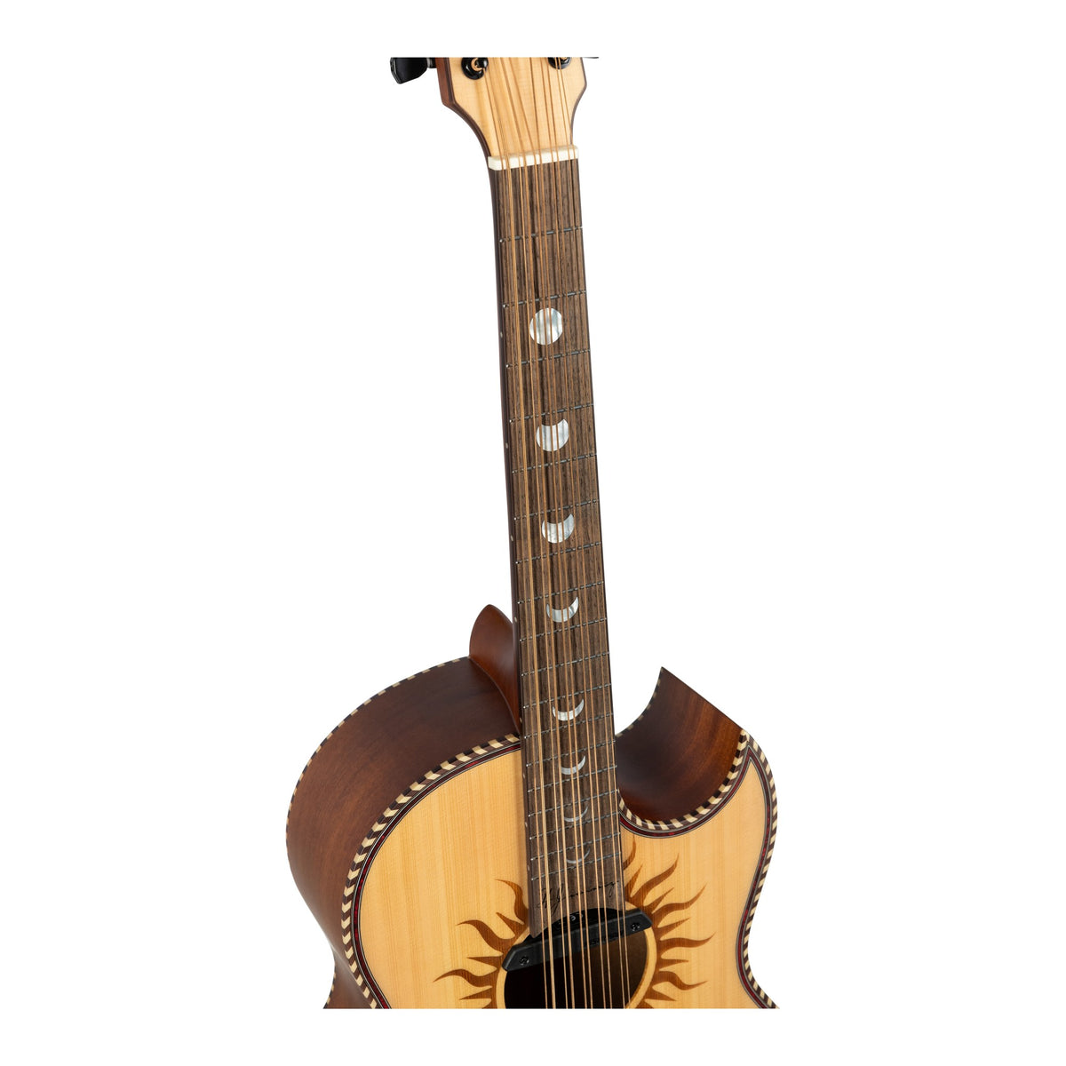 H. Jimenez LBQ1GXE-MC Mexica Calendar Satin Cutaway Acoustic Electric Bajo Quinto, close-up detail of the top and neck