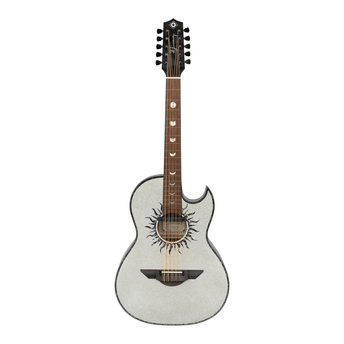H. Jimenez LBQ1GXE-MD Moon Dust Silver Sparkle Cutaway Acoustic Electric Bajo Quinto, full front view from headstock to end