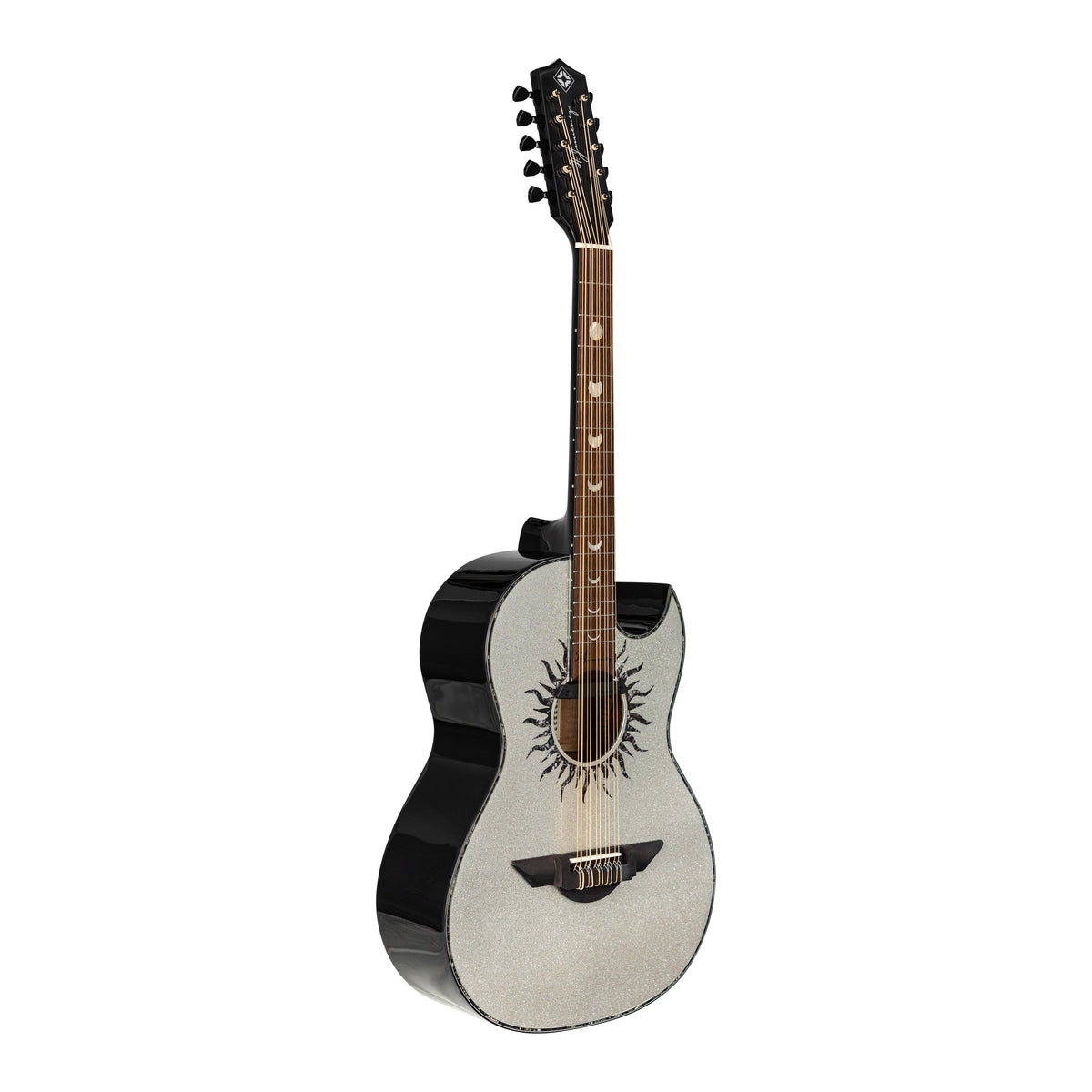H. Jimenez LBQ1GXE-MD Moon Dust Silver Sparkle Cutaway Acoustic Electric Bajo Quinto, angled front view of the body