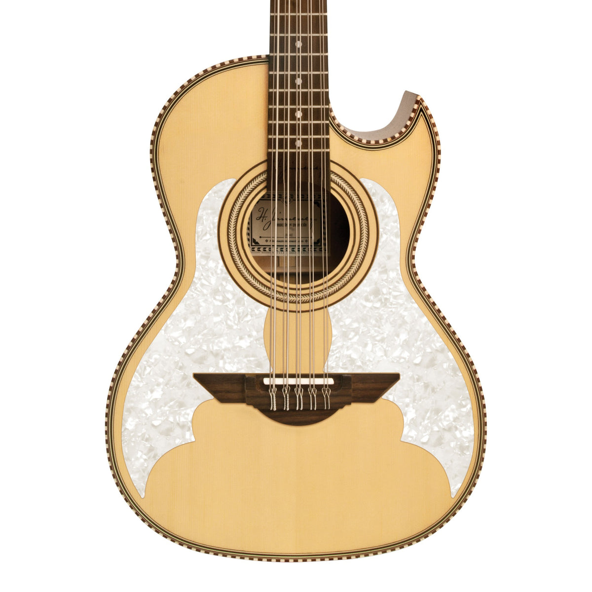 H. Jimenez LBQ3 El Murciélago Cutaway Bajo Quinto, front of the body with the lower fretboard