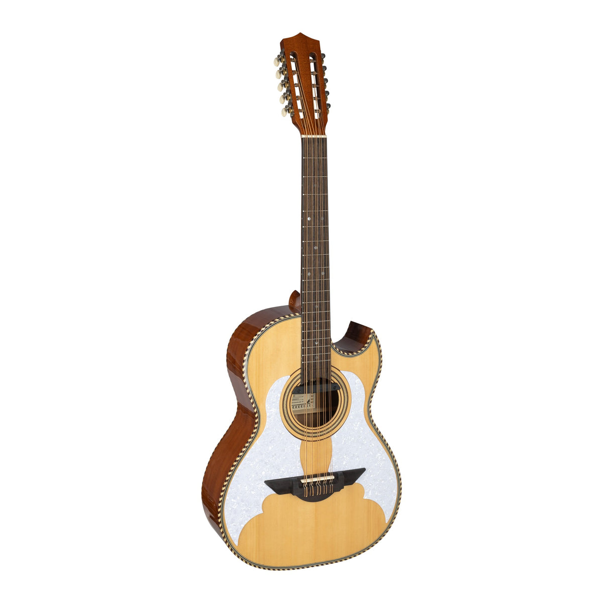 H. Jimenez LBQ3E El Murciélago Cutaway Acoustic Electric Bajo Quinto, angled front view of the body