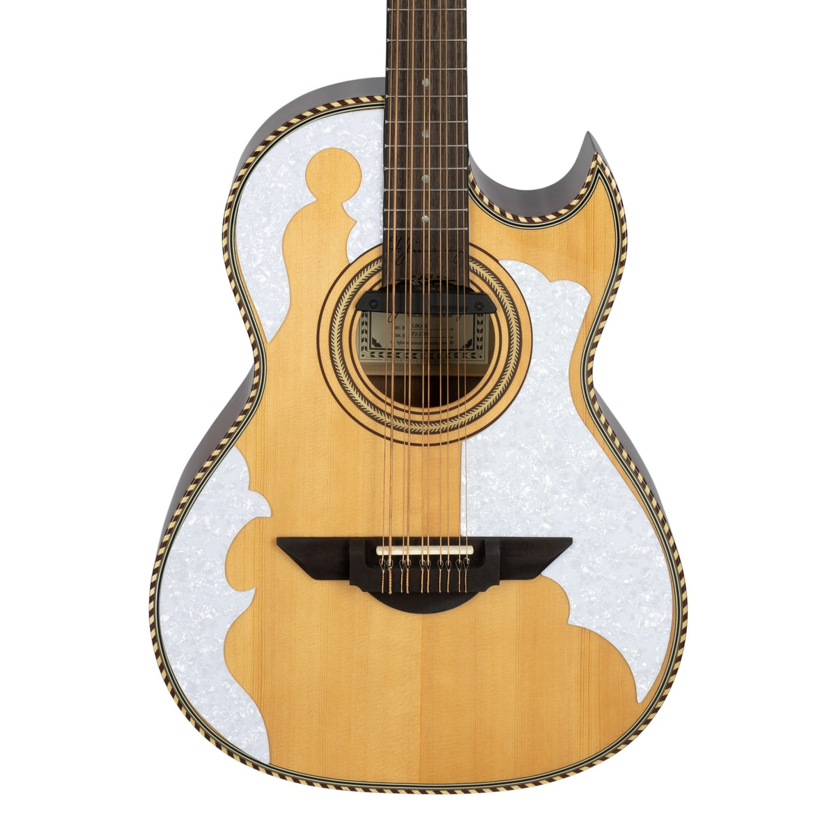 H. Jimenez LBQ4E El Patrón Cutaway Acoustic Electric Bajo Quinto, front of the body with the lower fretboard