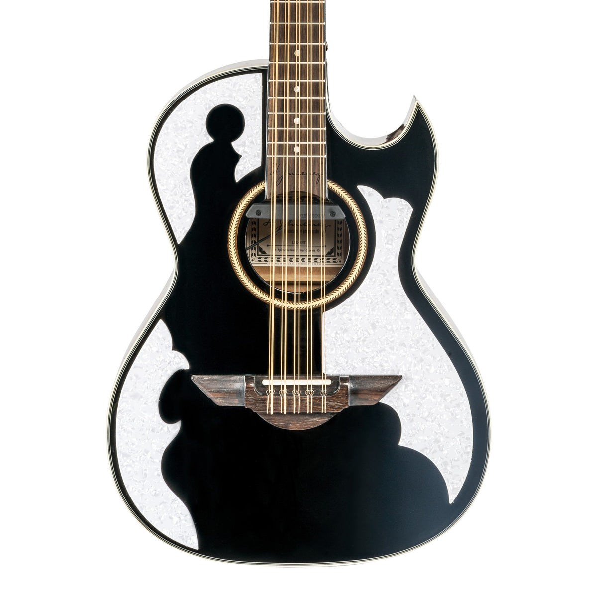 H. Jimenez LBQ4EBT Palomazo Black Top Cutaway Acoustic Electric Bajo Quinto, front of the body with the lower fretboard