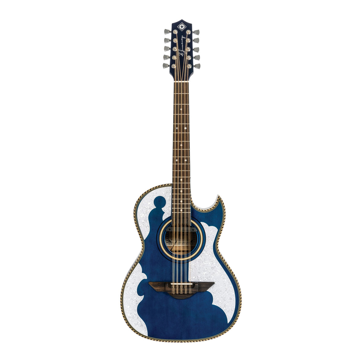 H. Jimenez LBQ4ETB Palomazo Trans Blue Cutaway Acoustic Electric Bajo Quinto, full front view from headstock to end