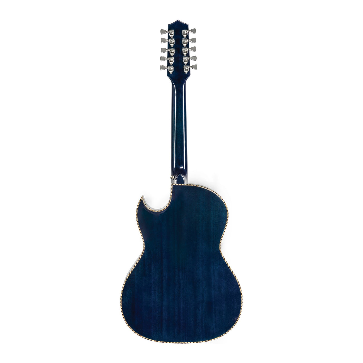 H. Jimenez LBQ4ETB Palomazo Trans Blue Cutaway Acoustic Electric Bajo Quinto, full back view from headstock to end