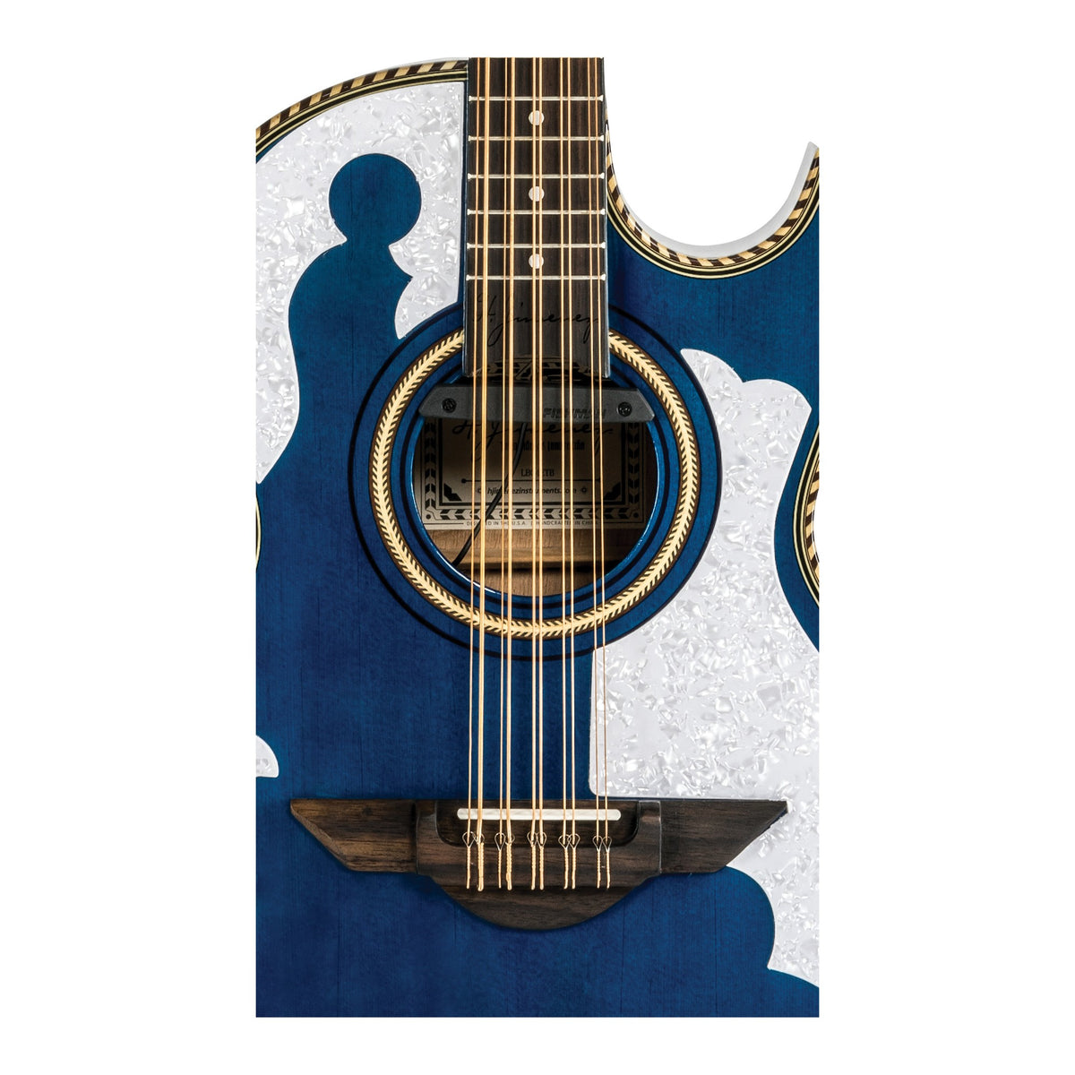 H. Jimenez LBQ4ETB Palomazo Trans Blue Cutaway Acoustic Electric Bajo Quinto, close-up of the soundhole, rosette and bridge