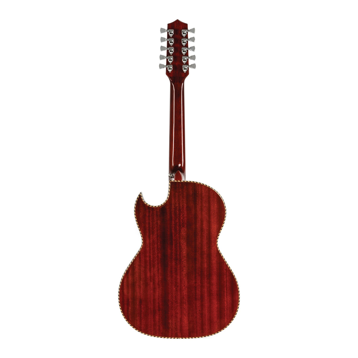 H. Jimenez LBQ4ETR Palomazo Trans Red Cutaway Acoustic Electric Bajo Quinto, full back view from headstock to end