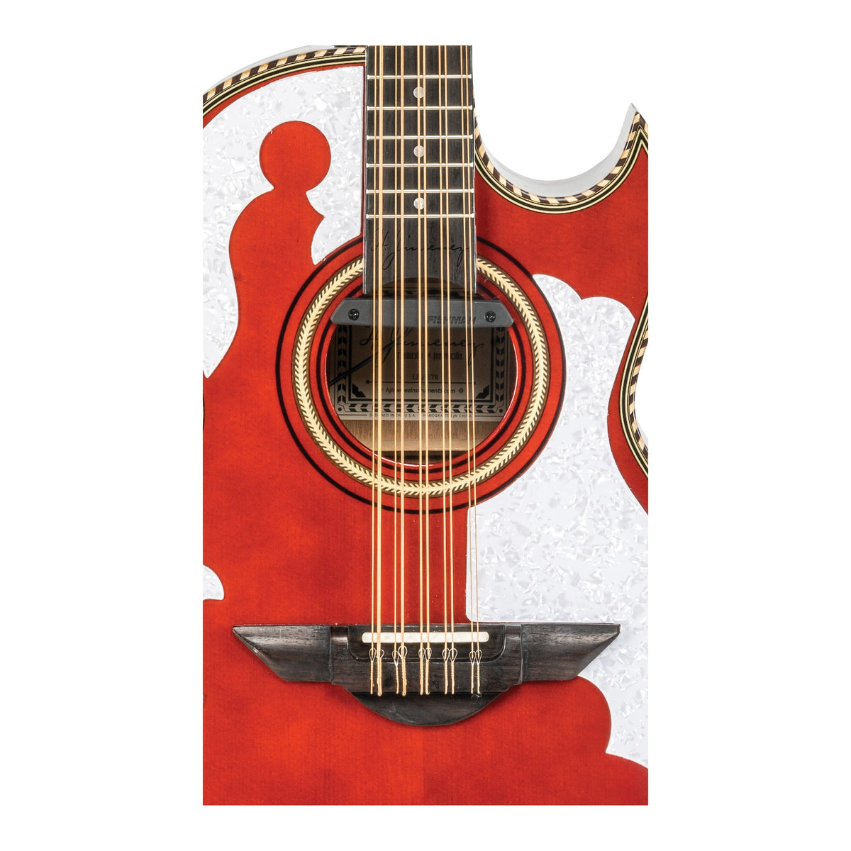 H. Jimenez LBQ4ETR Palomazo Trans Red Cutaway Acoustic Electric Bajo Quinto, close-up of the soundhole, rosette and bridge