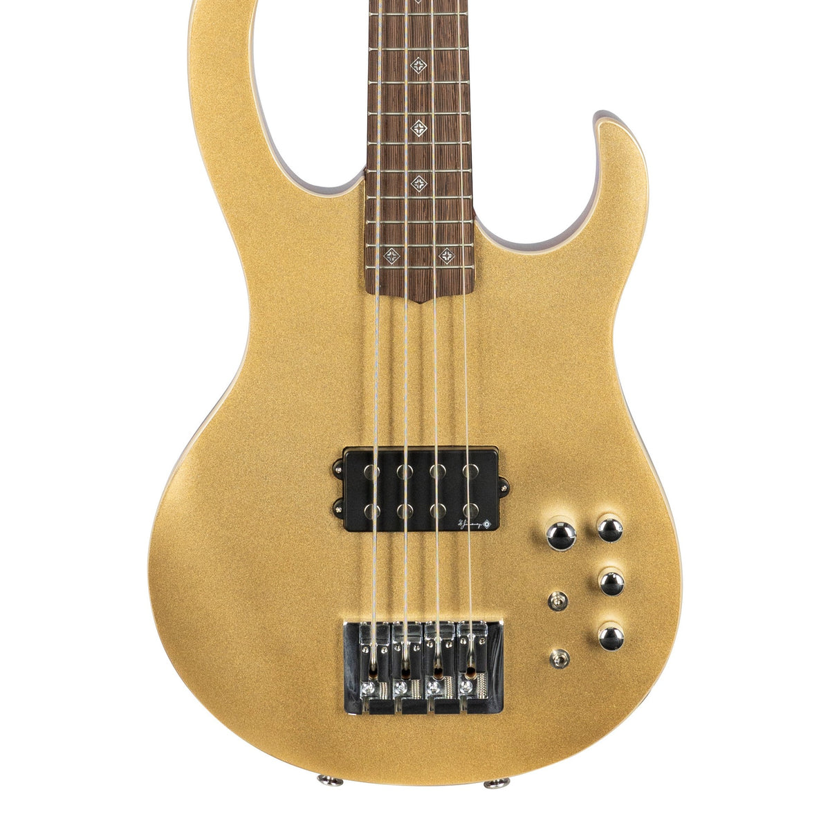 H. Jimenez LBS4-GT Camaleón 4-String Electric Bass Guitar - Gold Top, front of the body with the lower fretboard