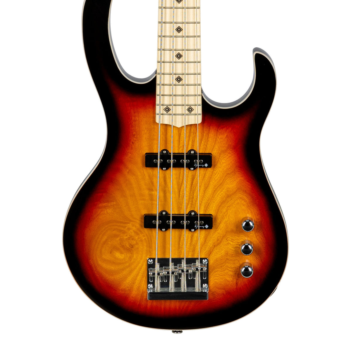 H. Jimenez LBS4-VB Camaleón 4-String Electric Bass Guitar - Vintage Burst, front of the body with the lower fretboard