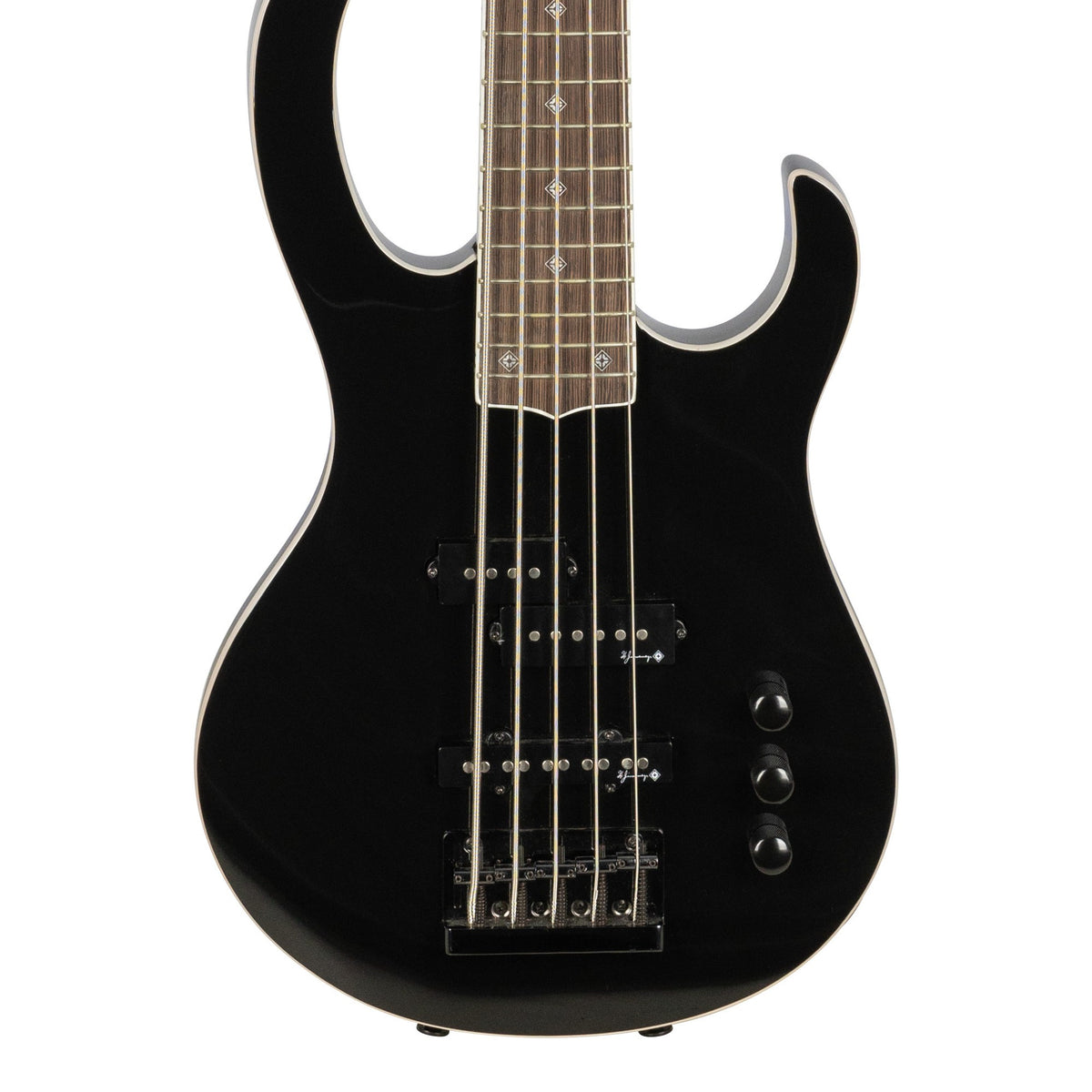 H. Jimenez LBS5-BK Camaleón 5-String Electric Bass Guitar - Black, front of the body with the lower fretboard