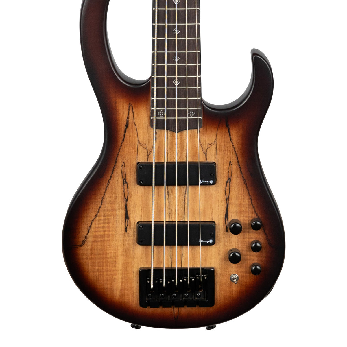 H. Jimenez LBS5-SB Camaleón 5-String Electric Bass Guitar - Spalt Burst, front of the body with the lower fretboard