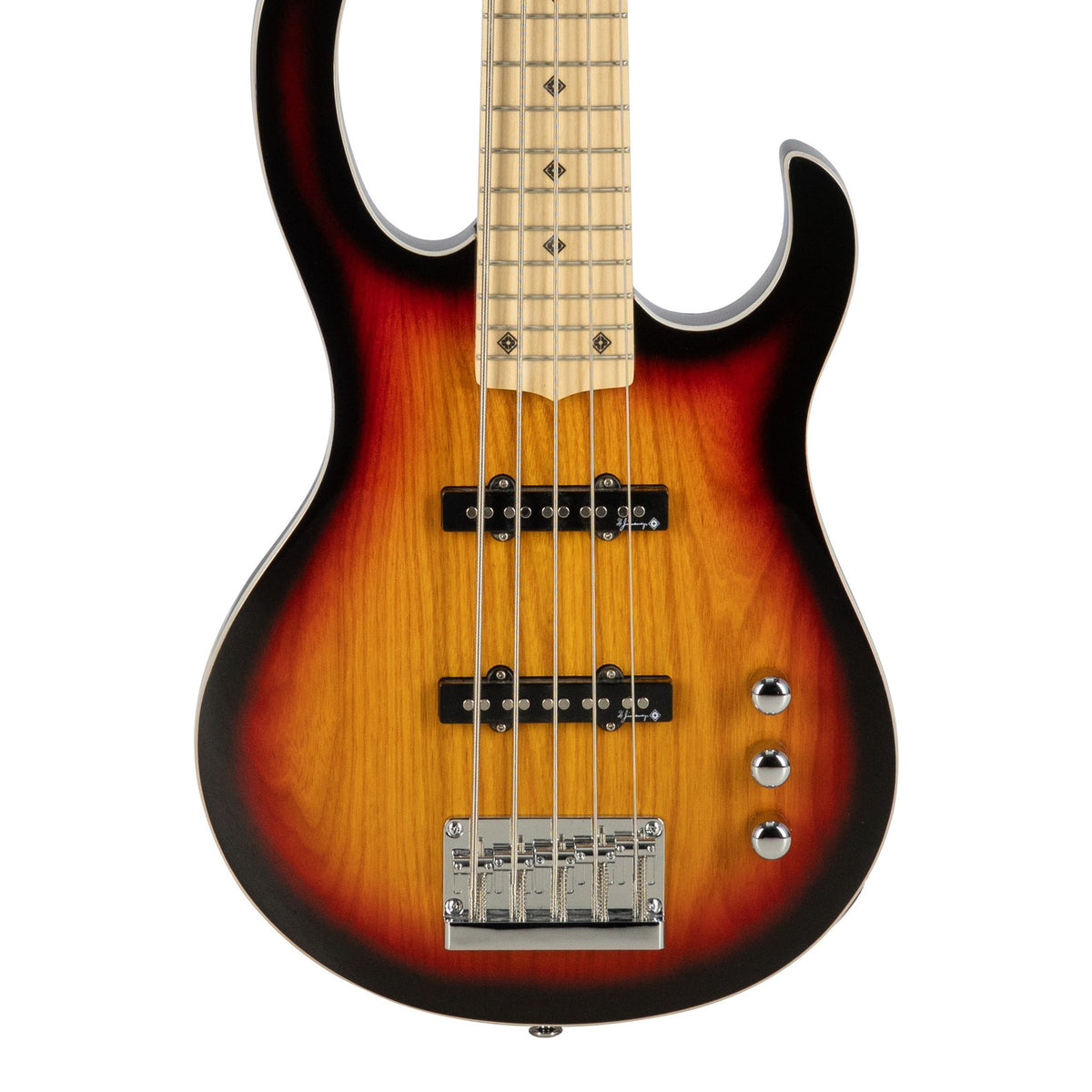 H. Jimenez LBS5-VB Camaleón 5-String Electric Bass Guitar - Vintage Burst, front of the body with the lower fretboard