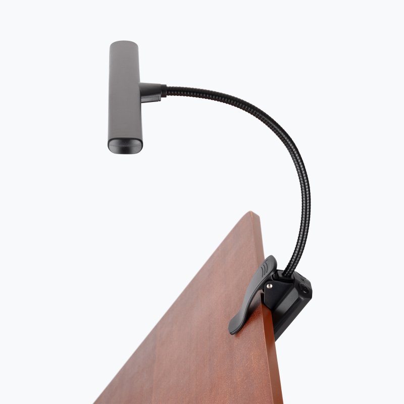 On-Stage LED518 clipped to a stand with the lamp head turned sideways