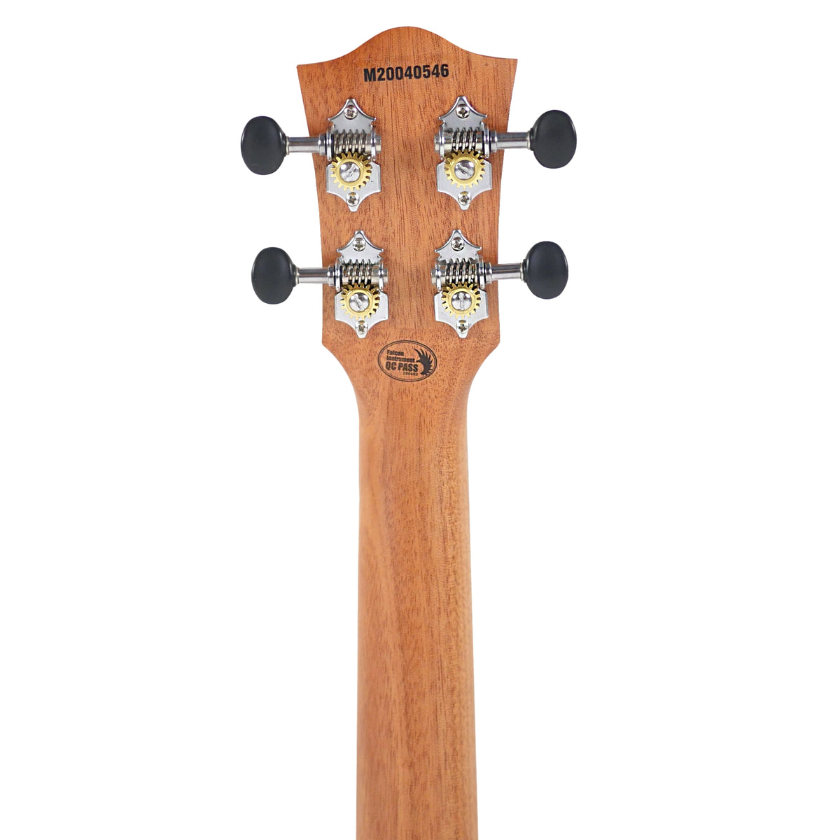 The back of the headstock shows the geared tuners and Okoume neck of the Flight Leia TE Tenor Ukulele.