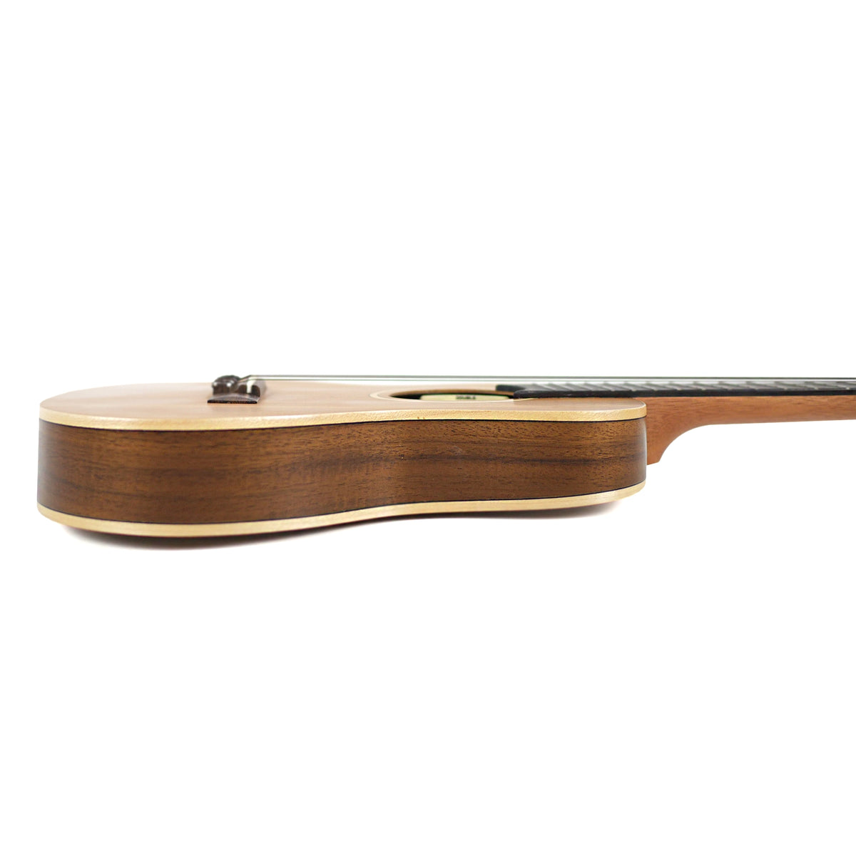 The side profile highlights the slim thinline body and laminate acacia sides of the Flight Leia TE Tenor Ukulele.