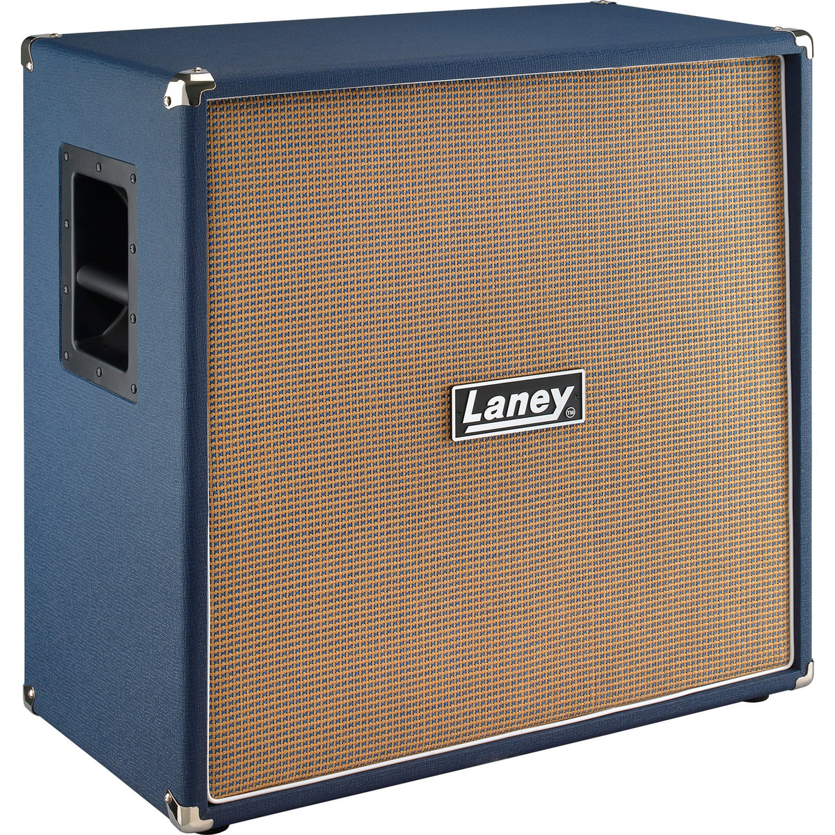 Laney LF-412 240W 4x12 guitar speaker cabinet front view with blue vinyl cover, tan grille cloth, chrome corners and side handle