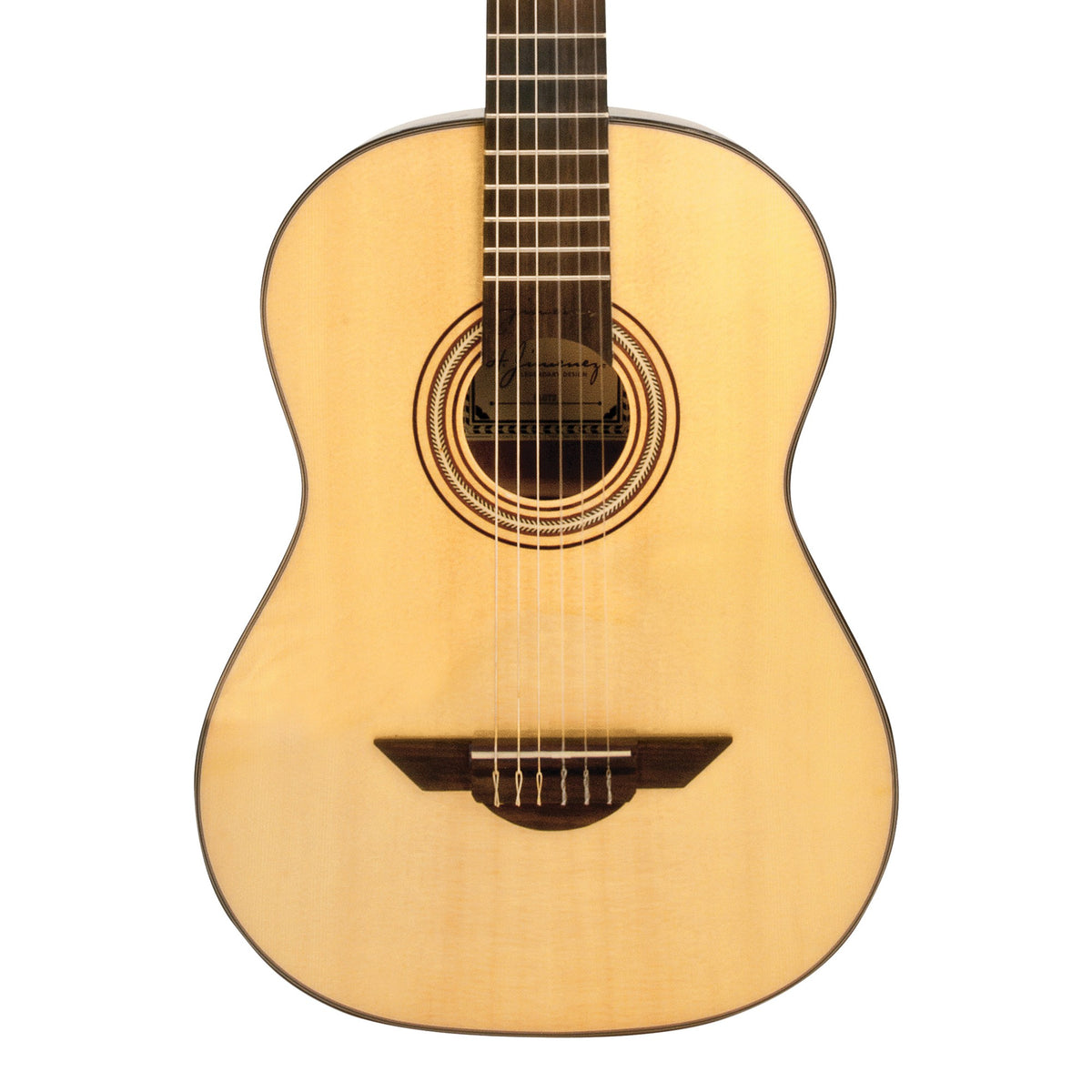 H. Jimenez LG2 El Artista Full Size Nylon String Guitar, front of the body with the lower fretboard