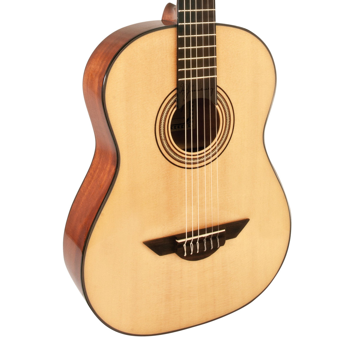H. Jimenez LG2 El Artista Full Size Nylon String Guitar, angled front view of the body