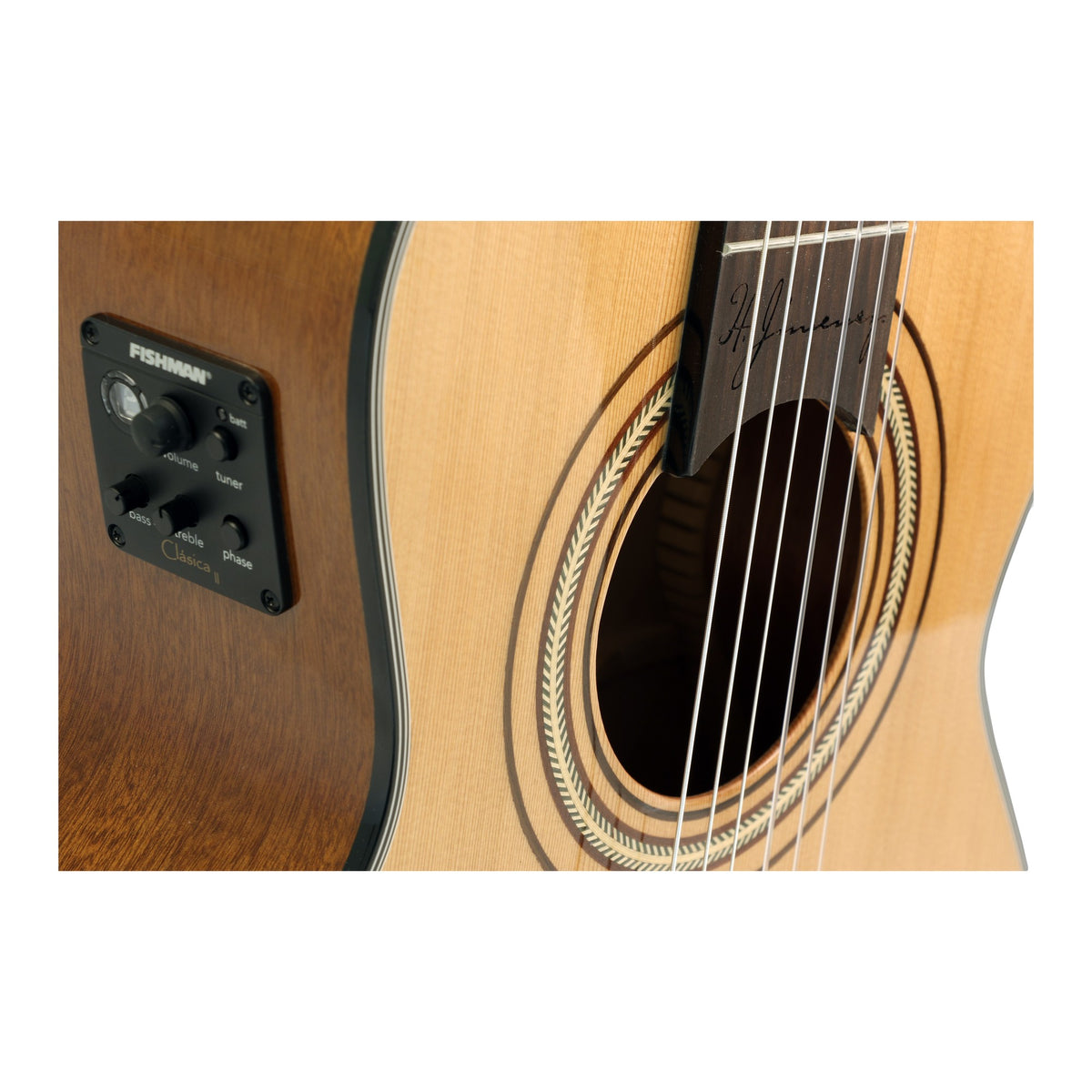 H. Jimenez LG3CE El Maestro Cutaway Nylon String Acoustic Electric Guitar, close-up of the top, soundhole and cutaway