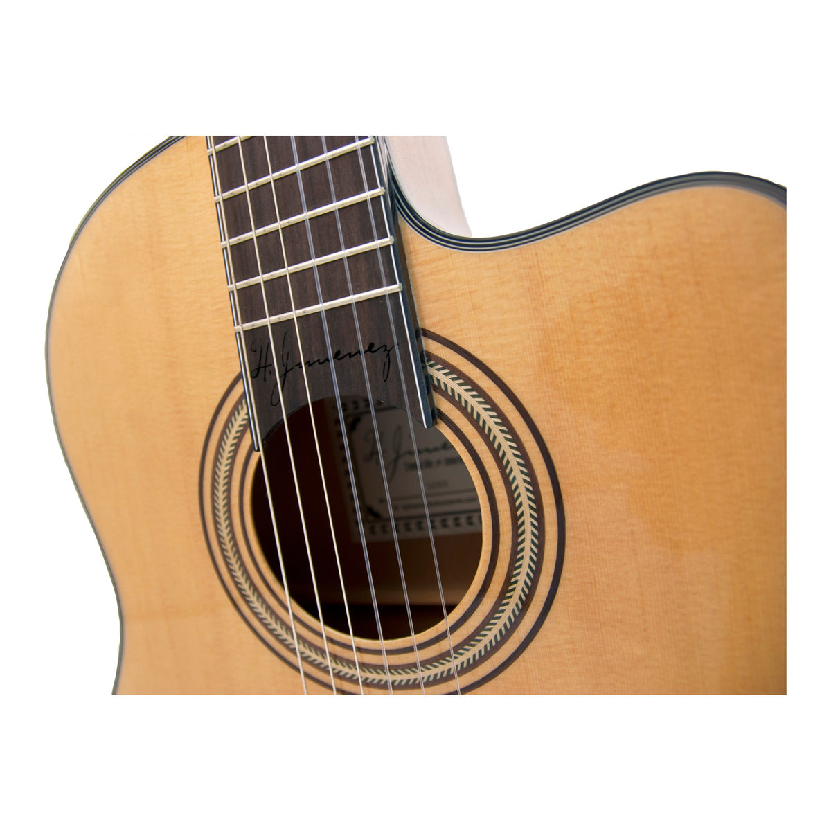 H. Jimenez LG3CE El Maestro Cutaway Nylon String Acoustic Electric Guitar, close-up of the soundhole, rosette and bridge