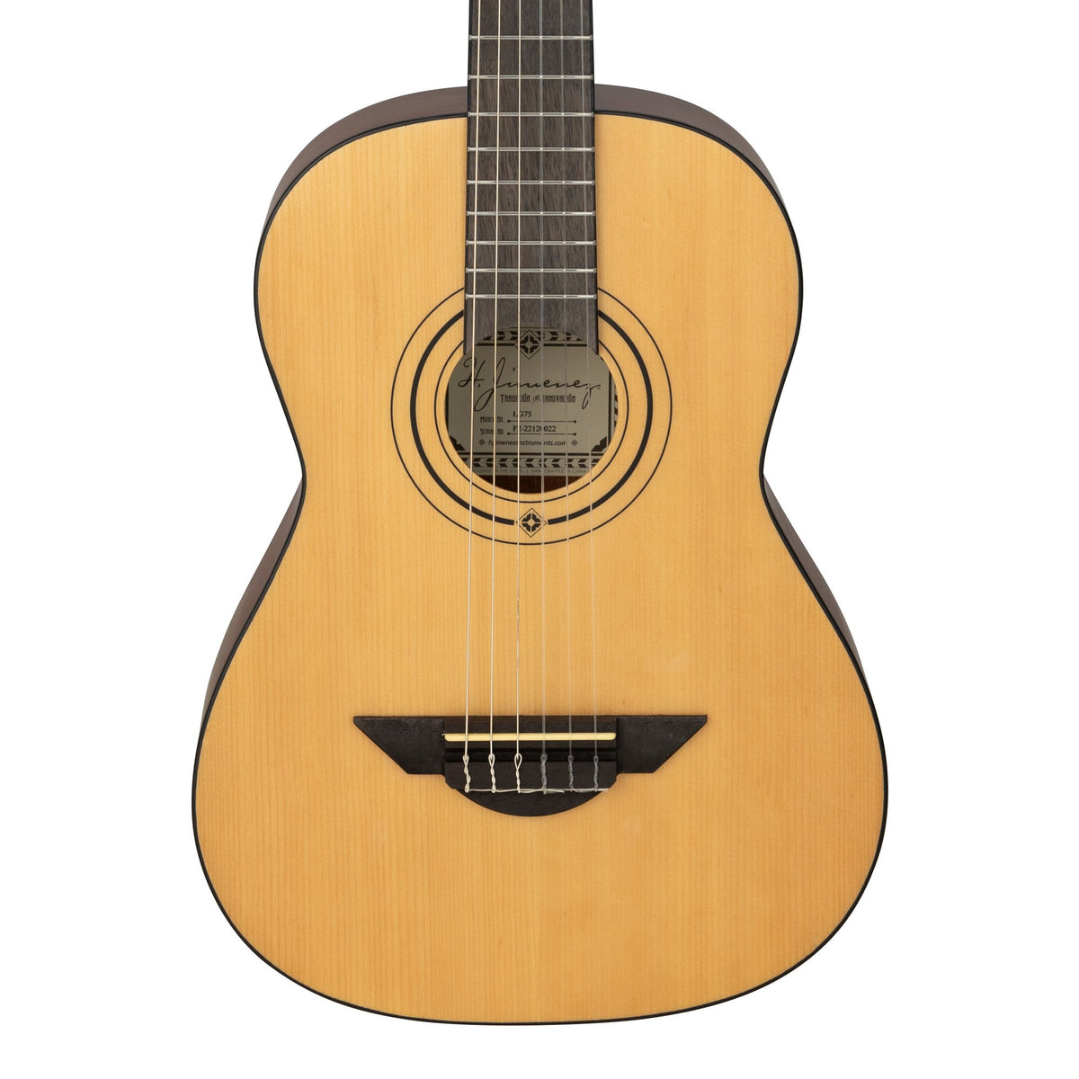 H. Jimenez LG75 Educativo 3/4 Size Nylon String Guitar, front of the body with the lower fretboard