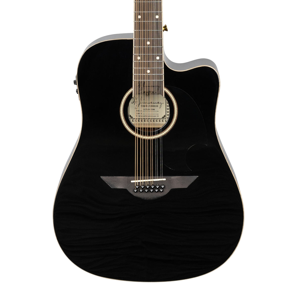 H. Jimenez LGD1-CEBK Guitarra Doble 12-String Cutaway Acoustic Electric Guitar - Black, front of the body with the lower fretboard